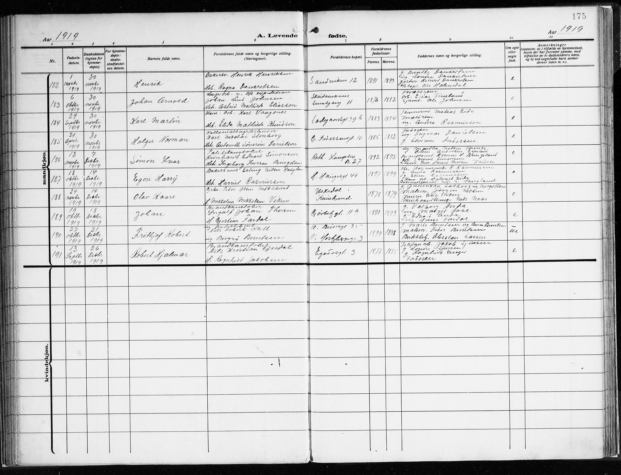 Sandviken Sokneprestembete, AV/SAB-A-77601/H/Ha/L0007: Parish register (official) no. B 4, 1912-1924, p. 175