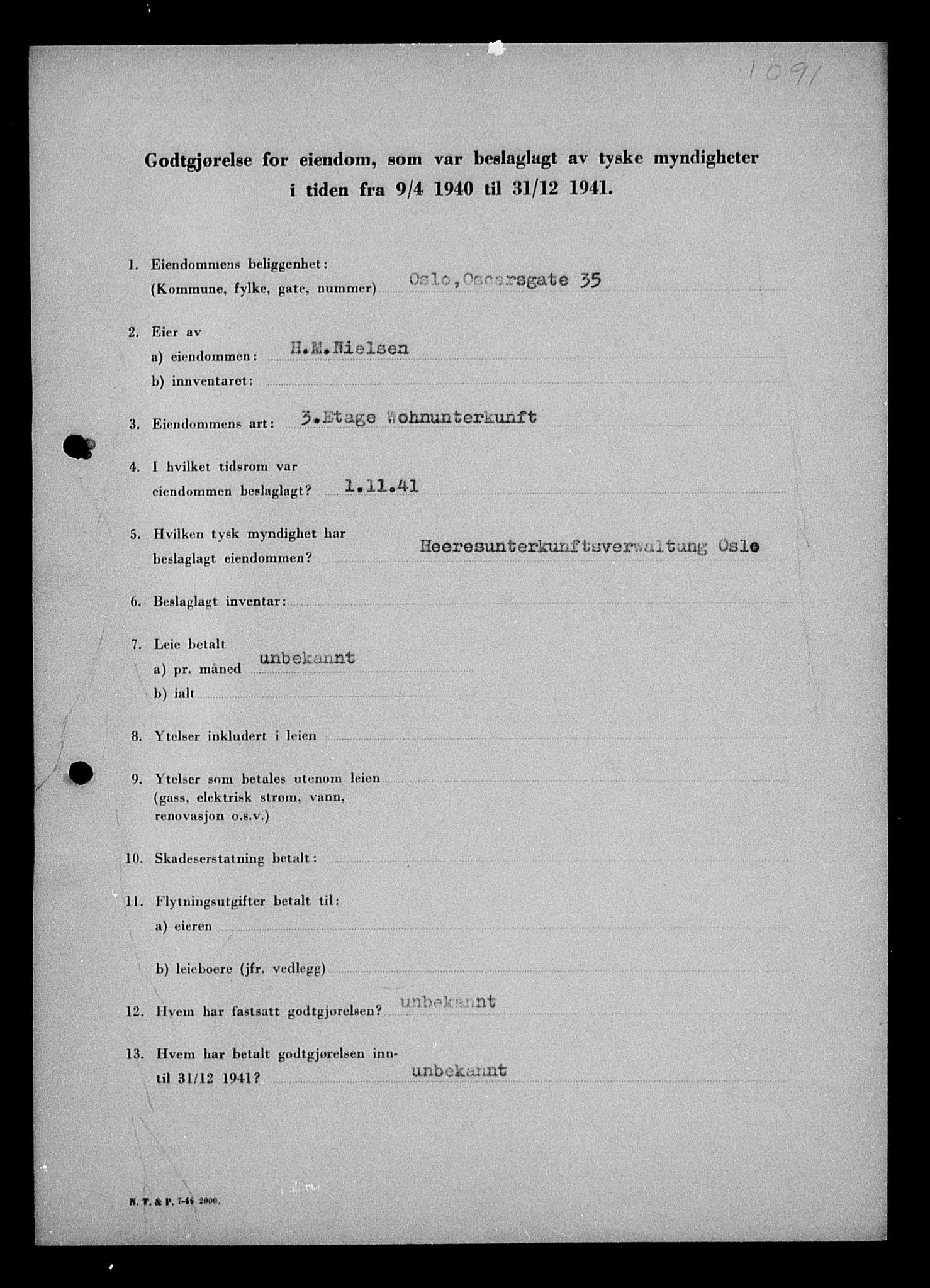 Justisdepartementet, Tilbakeføringskontoret for inndratte formuer, AV/RA-S-1564/I/L1011: Godtgjørelse for beslaglagt eiendom, 1940-1941, p. 291