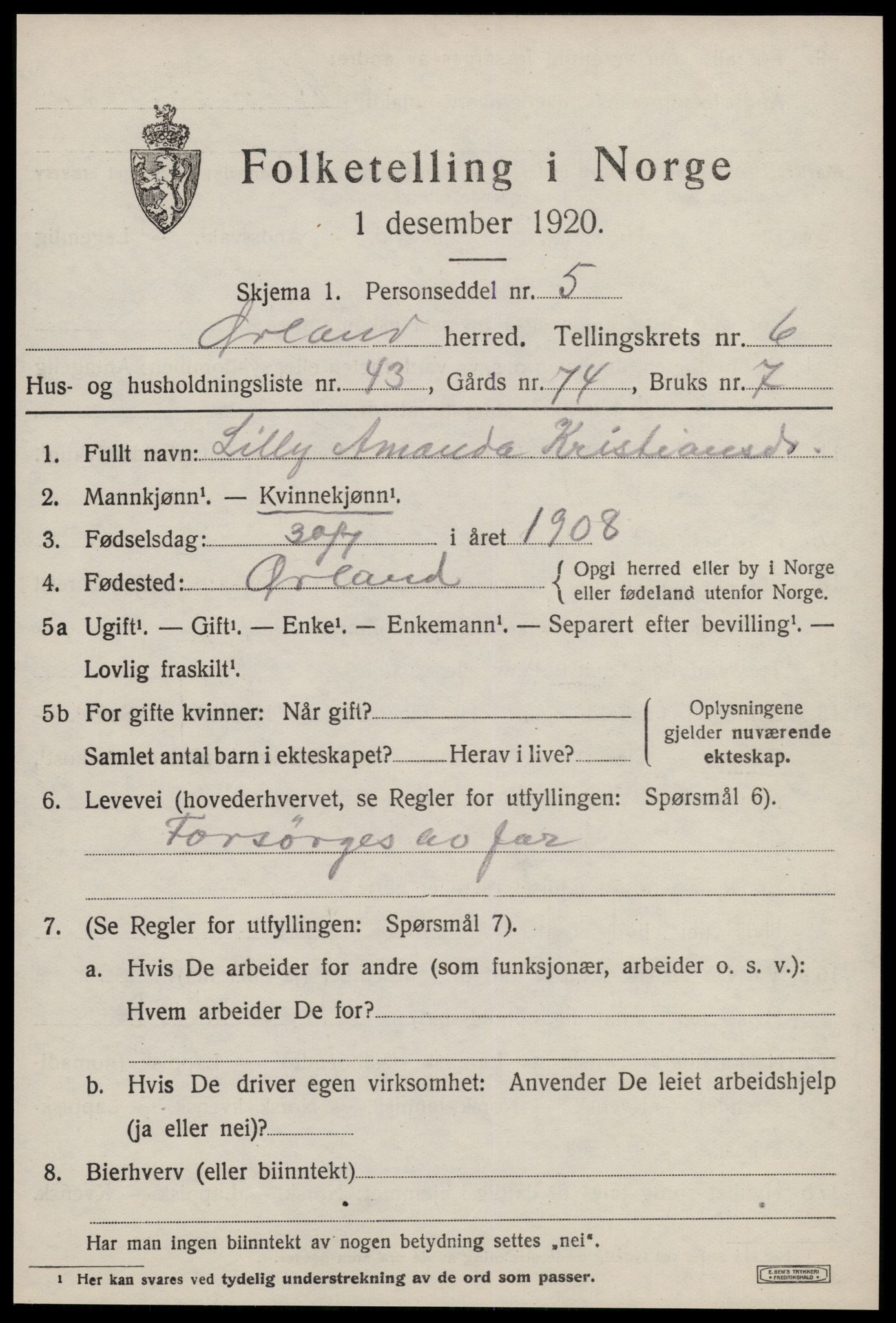 SAT, 1920 census for Ørland, 1920, p. 5383