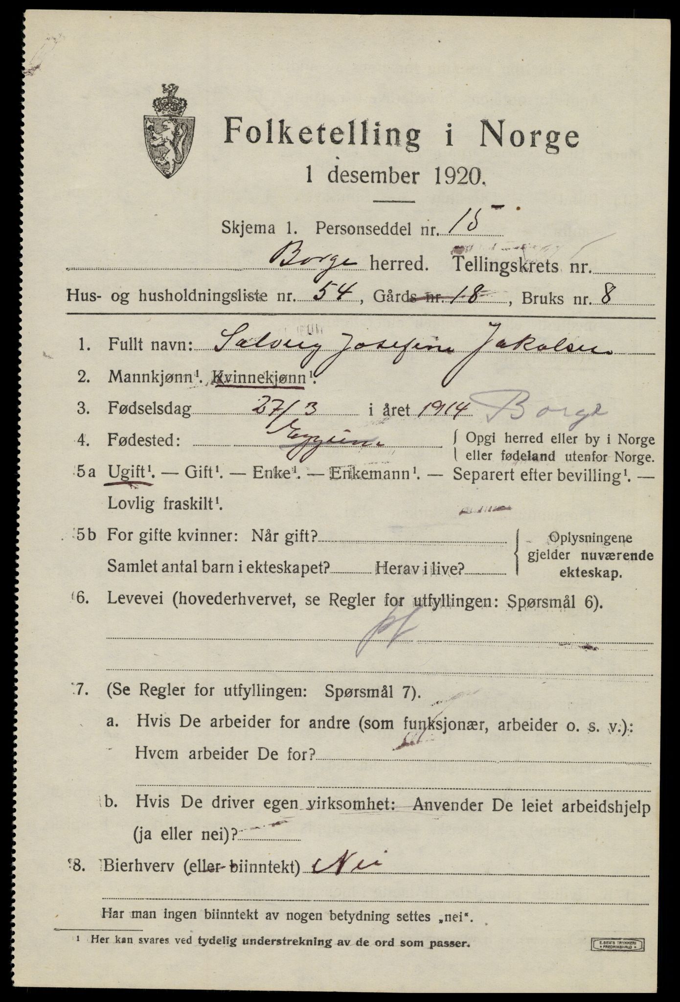 SAT, 1920 census for Borge, 1920, p. 6385