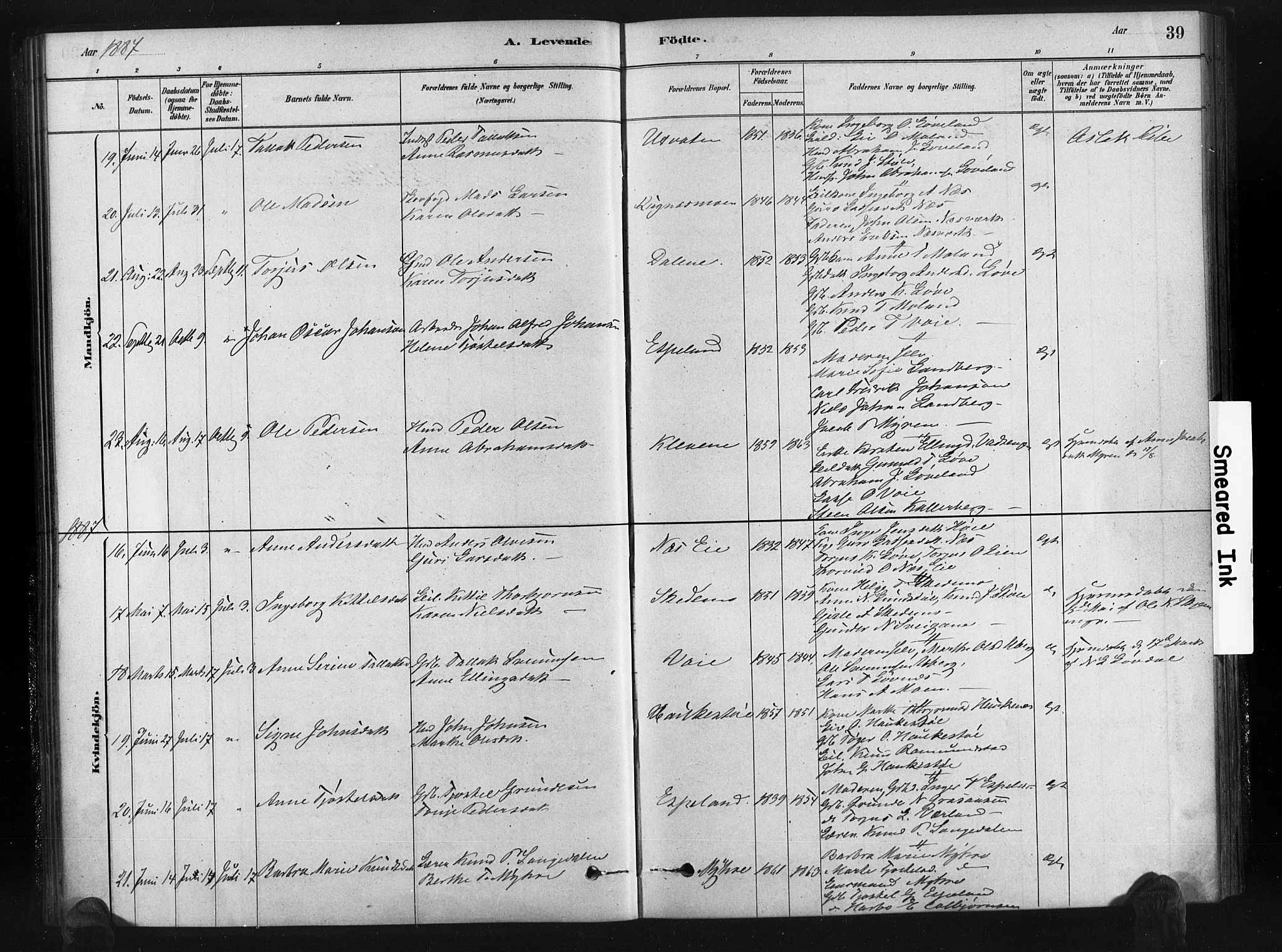 Gjerstad sokneprestkontor, AV/SAK-1111-0014/F/Fa/Fab/L0004: Parish register (official) no. A 4, 1879-1890, p. 39