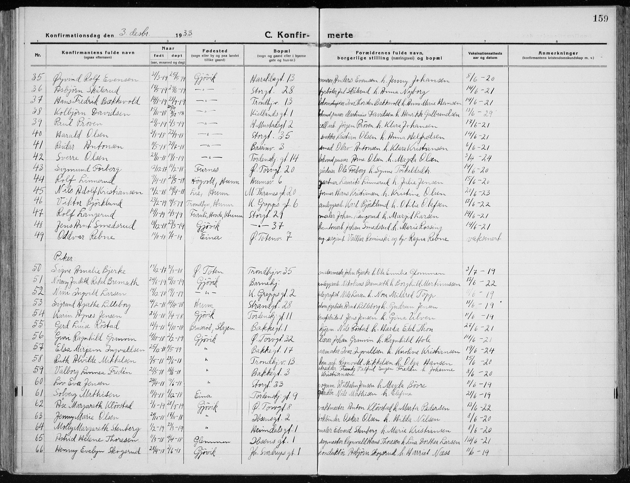 Vardal prestekontor, AV/SAH-PREST-100/H/Ha/Haa/L0015: Parish register (official) no. 15, 1923-1937, p. 159