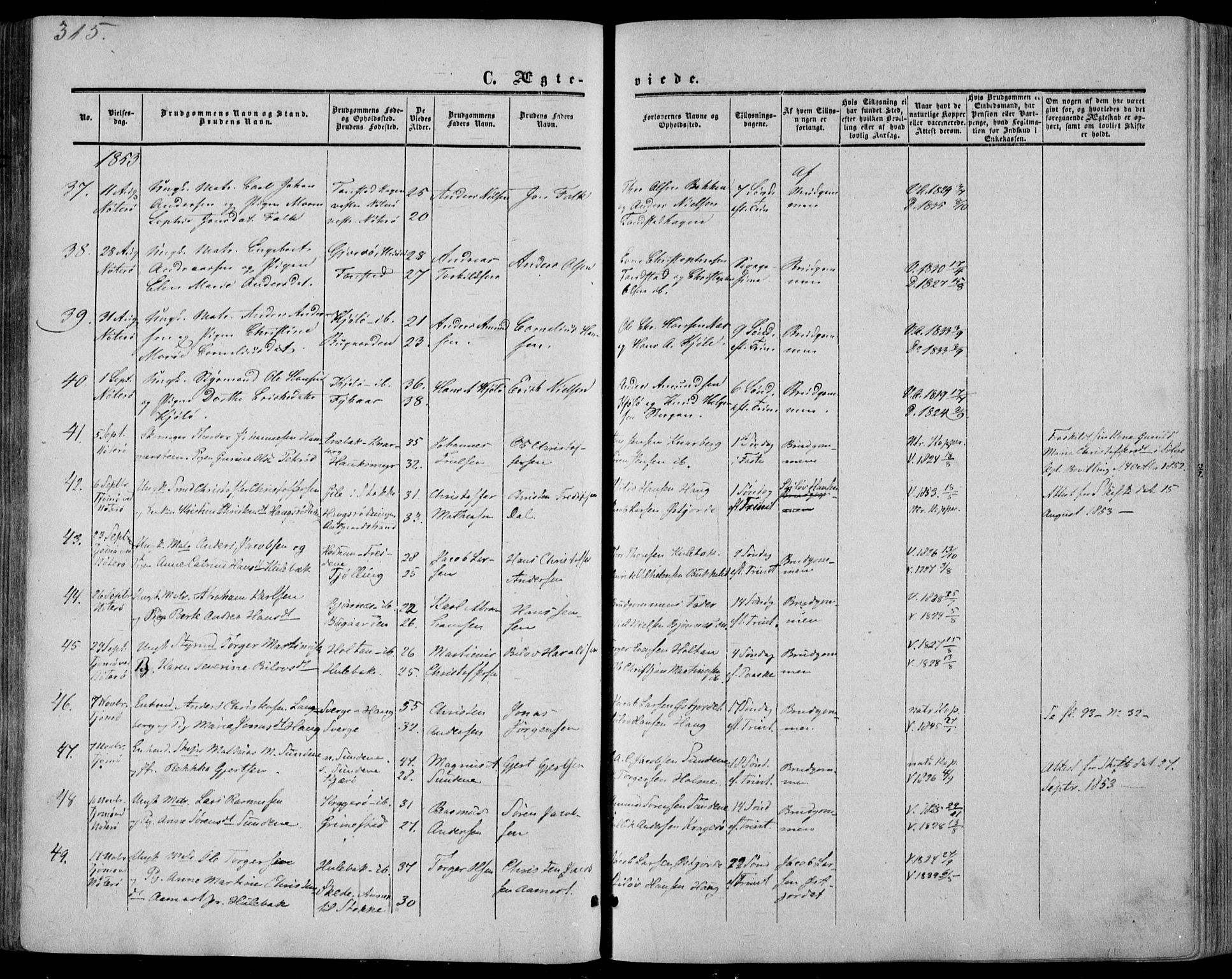 Nøtterøy kirkebøker, AV/SAKO-A-354/F/Fa/L0006: Parish register (official) no. I 6, 1852-1864, p. 315