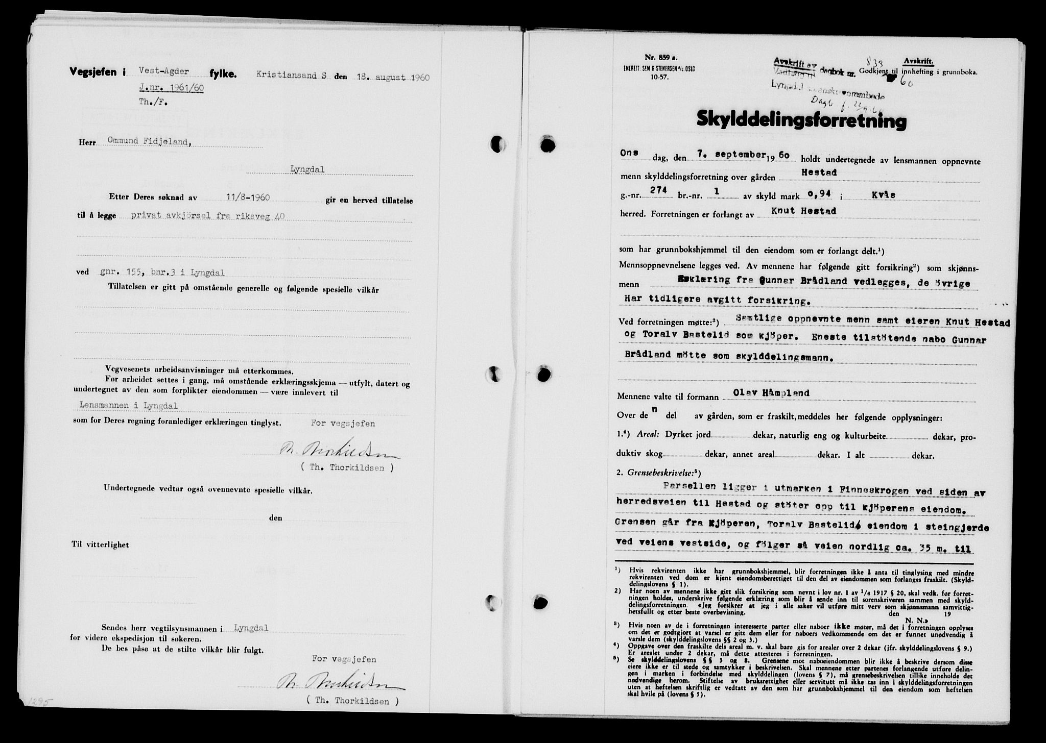 Lyngdal sorenskriveri, AV/SAK-1221-0004/G/Gb/L0680: Mortgage book no. A XXVI, 1960-1960, Diary no: : 833/1960