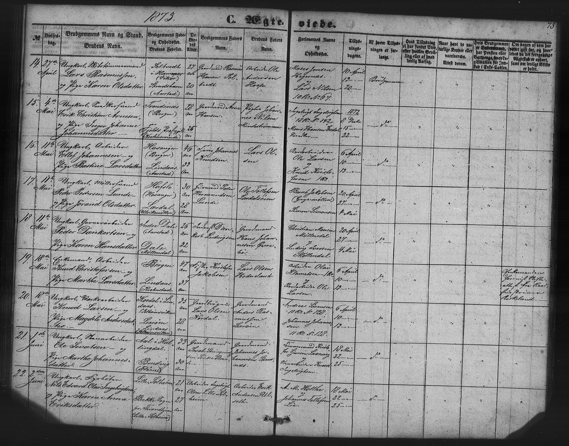 St. Jørgens hospital og Årstad sokneprestembete, SAB/A-99934: Parish register (copy) no. A 7, 1854-1886, p. 73