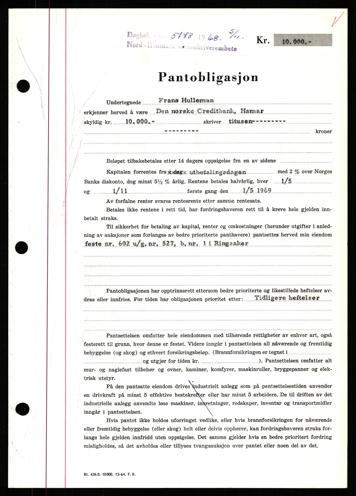 Nord-Hedmark sorenskriveri, SAH/TING-012/H/Hb/Hbf/L0077: Mortgage book no. B77, 1968-1969, Diary no: : 5778/1968