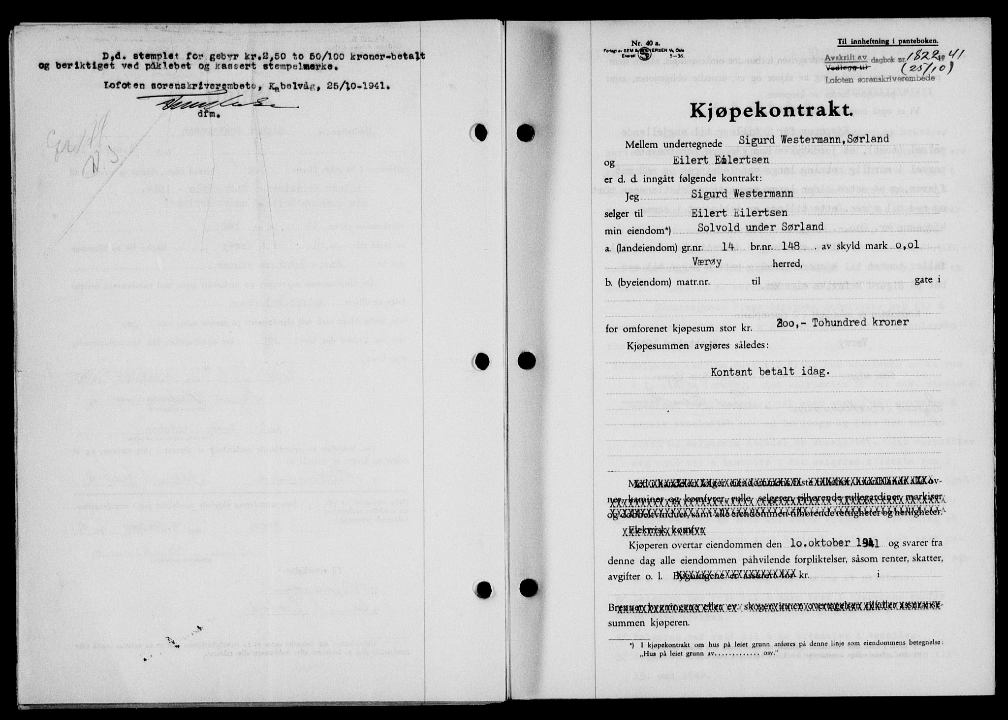 Lofoten sorenskriveri, SAT/A-0017/1/2/2C/L0009a: Mortgage book no. 9a, 1941-1942, Diary no: : 1822/1941