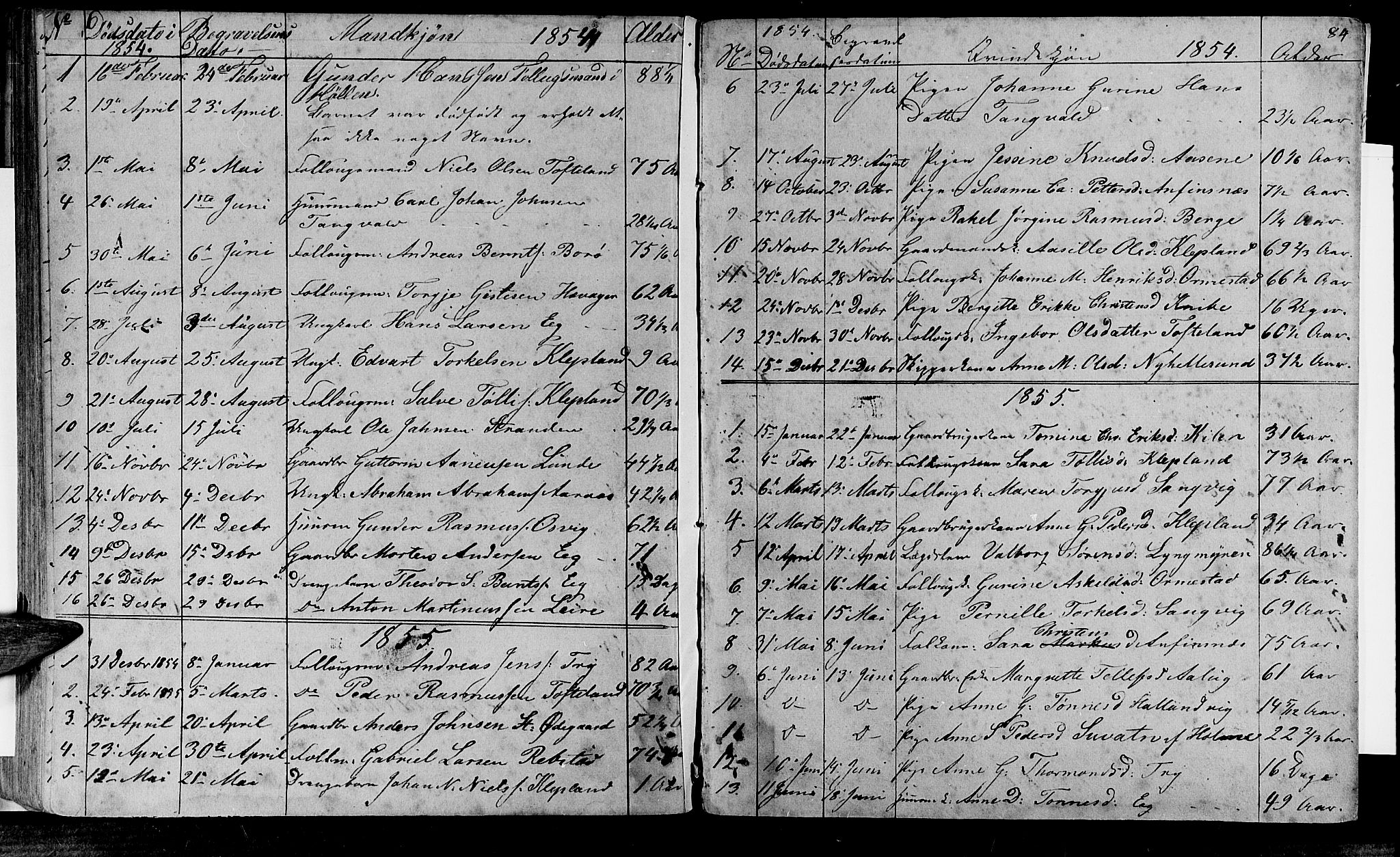 Søgne sokneprestkontor, SAK/1111-0037/F/Fb/Fbb/L0003: Parish register (copy) no. B 3, 1848-1864, p. 84