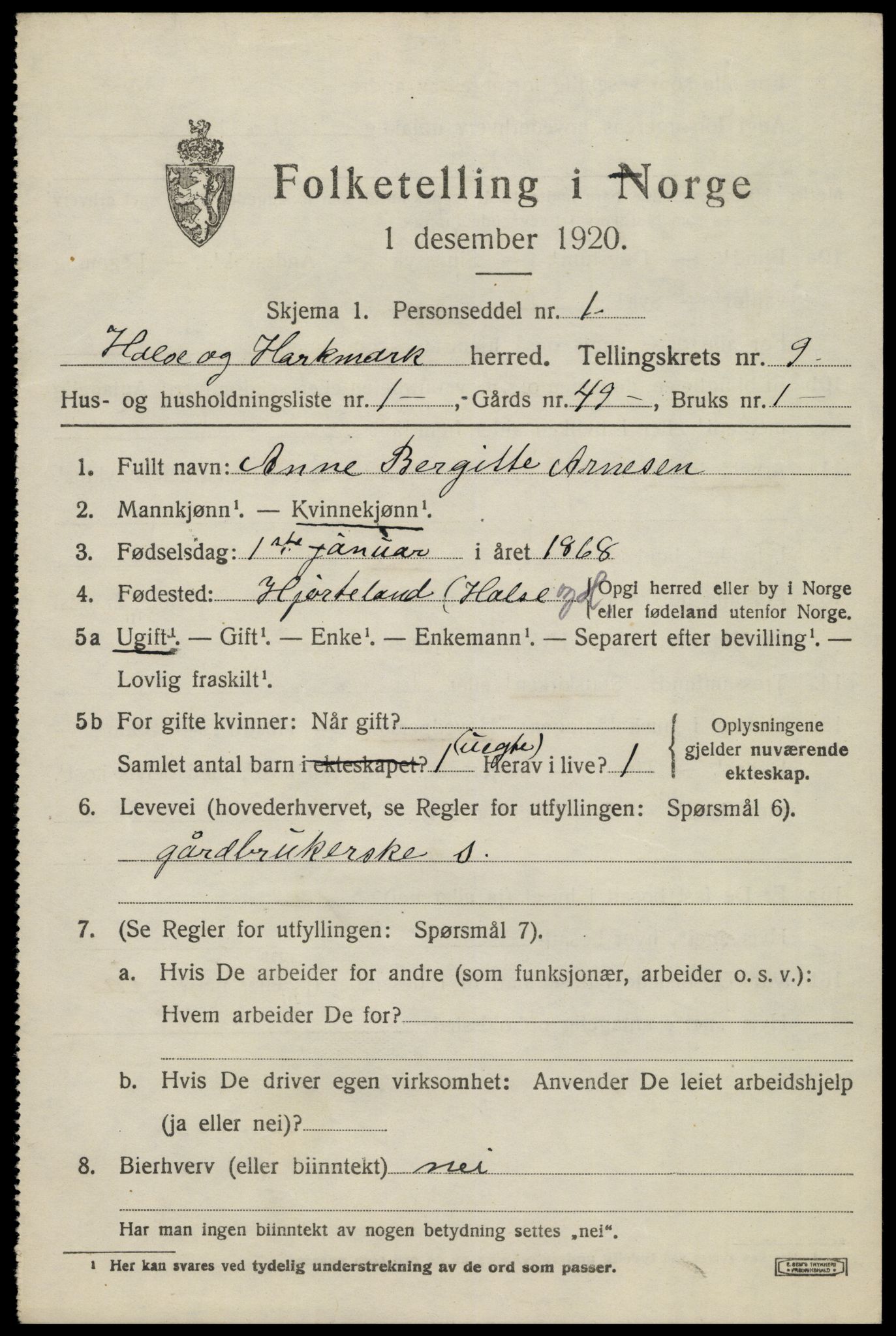 SAK, 1920 census for Halse og Harkmark, 1920, p. 4519