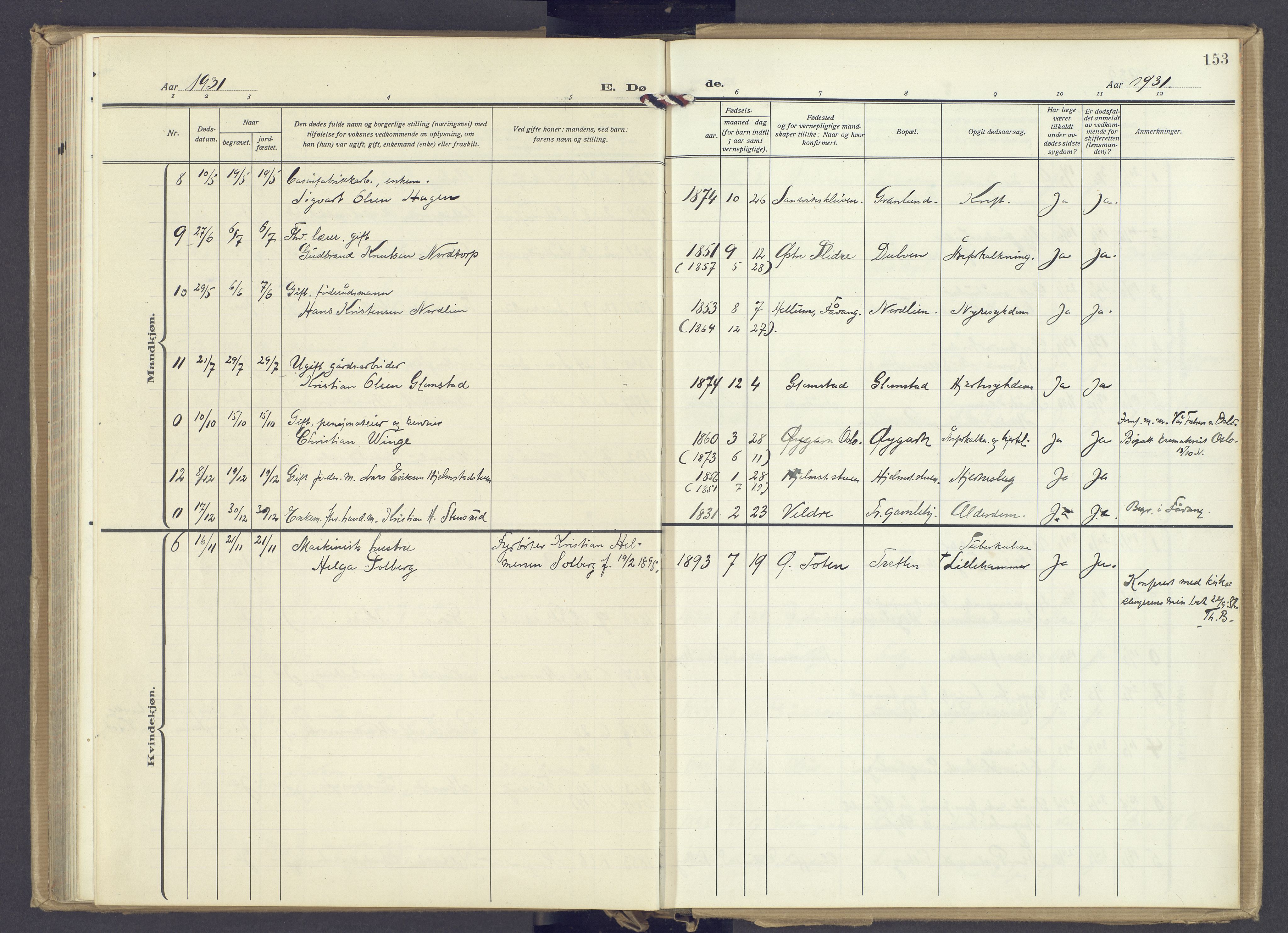 Øyer prestekontor, AV/SAH-PREST-084/H/Ha/Haa/L0014: Parish register (official) no. 14, 1919-1932, p. 153