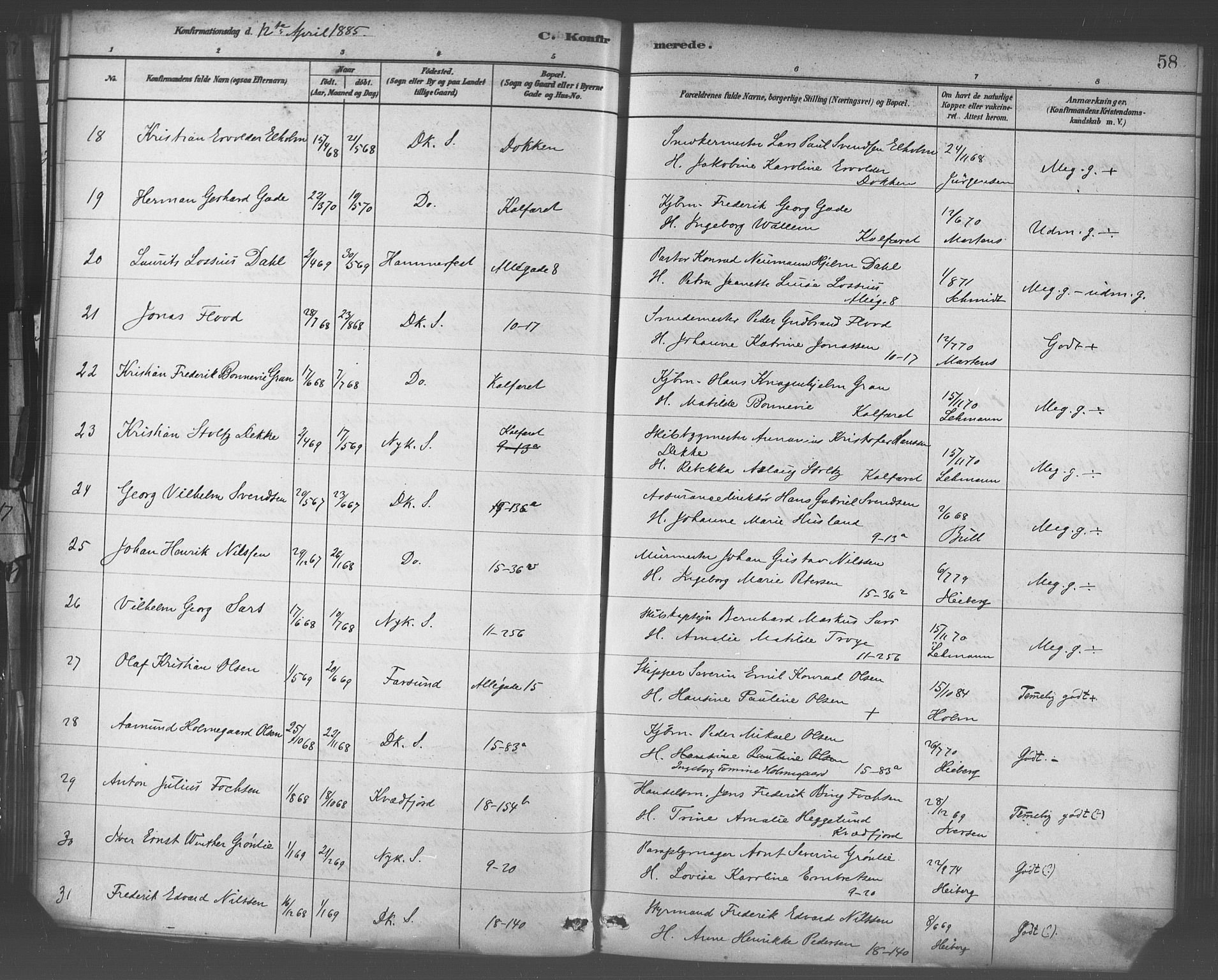 Domkirken sokneprestembete, SAB/A-74801/H/Haa/L0030: Parish register (official) no. C 5, 1880-1898, p. 58