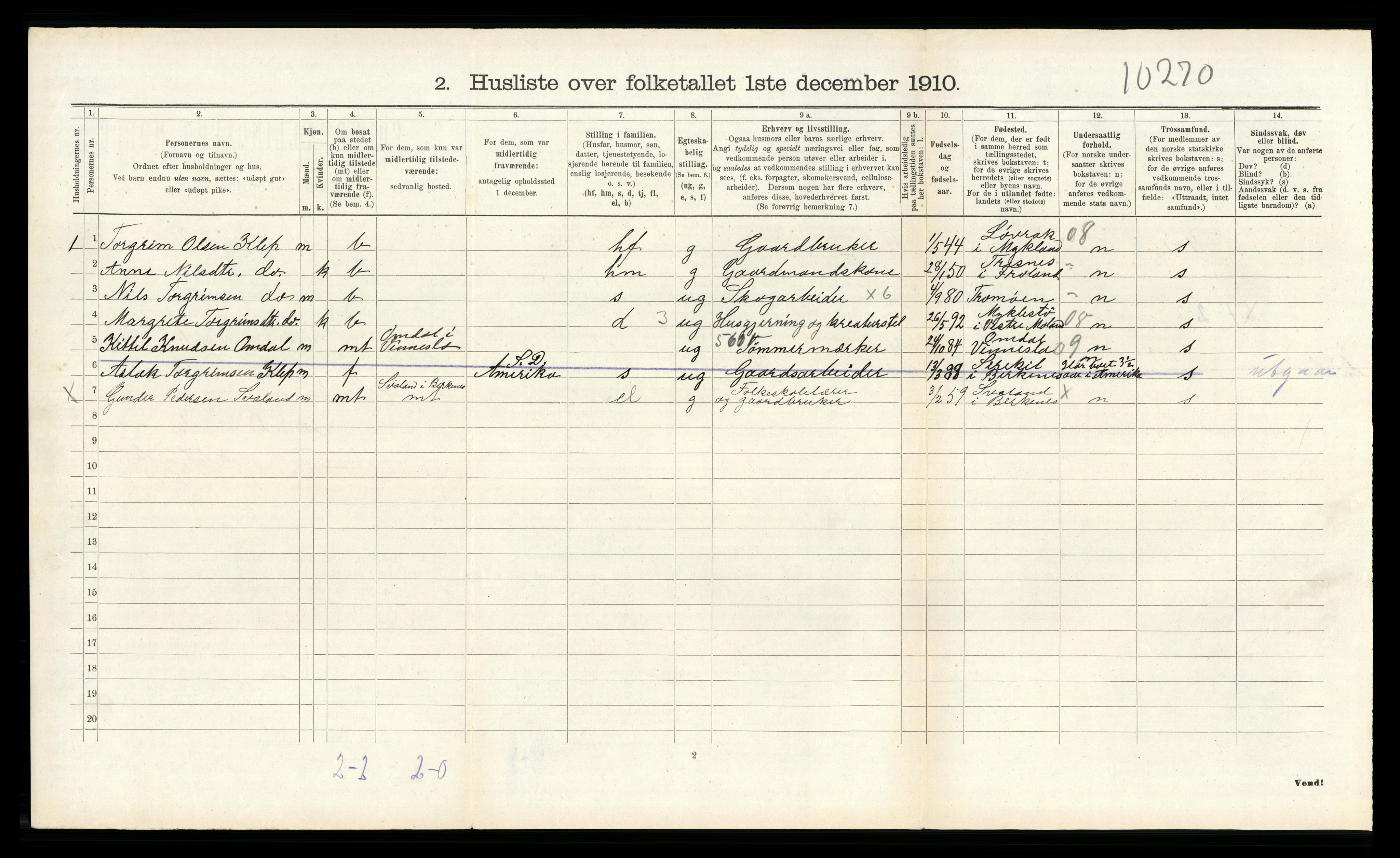 RA, 1910 census for Birkenes, 1910, p. 539