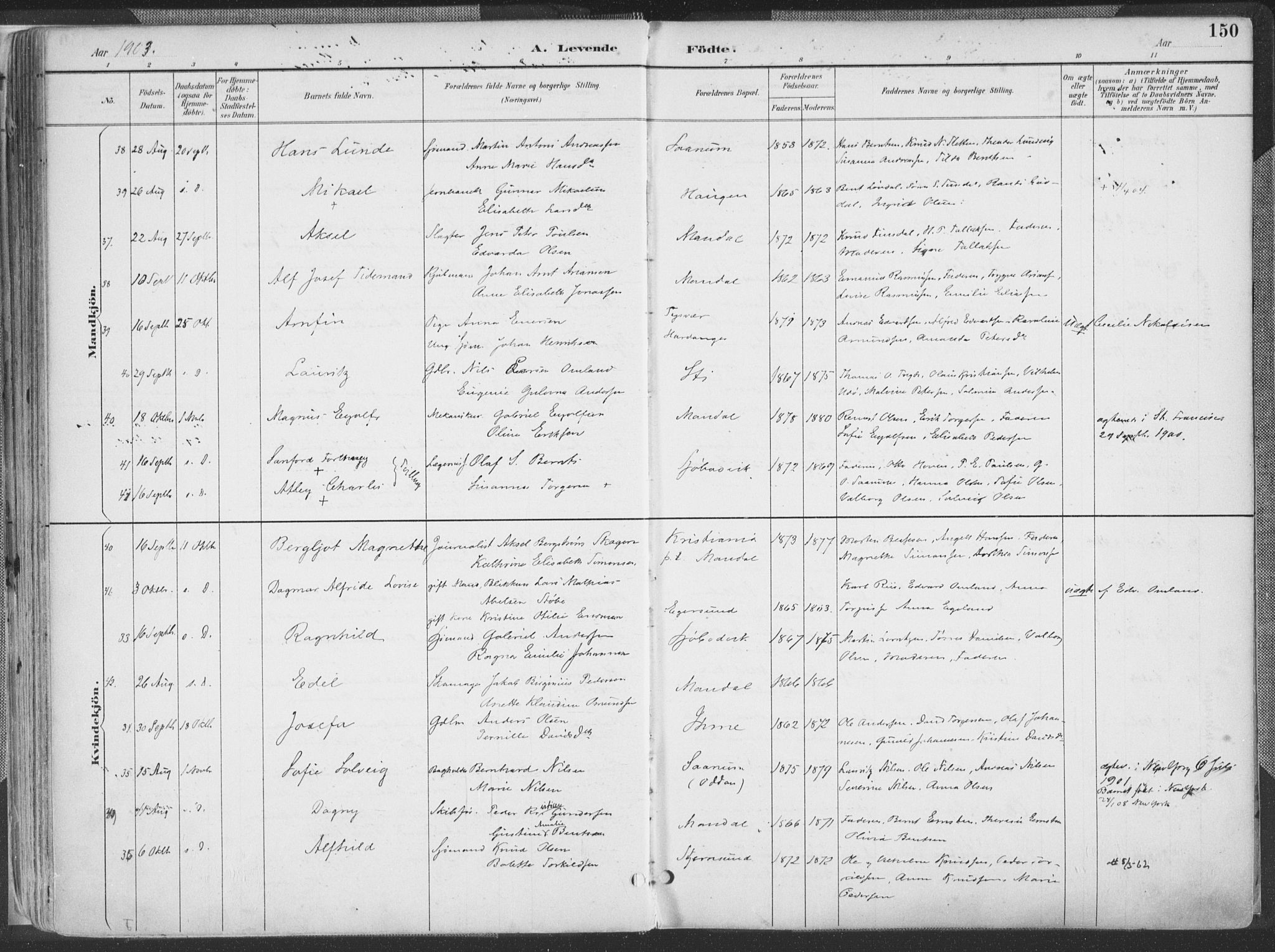 Mandal sokneprestkontor, AV/SAK-1111-0030/F/Fa/Faa/L0018: Parish register (official) no. A 18, 1890-1905, p. 150