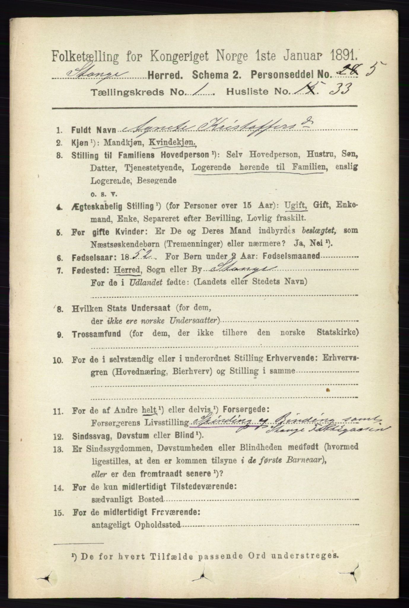 RA, 1891 census for 0417 Stange, 1891, p. 406