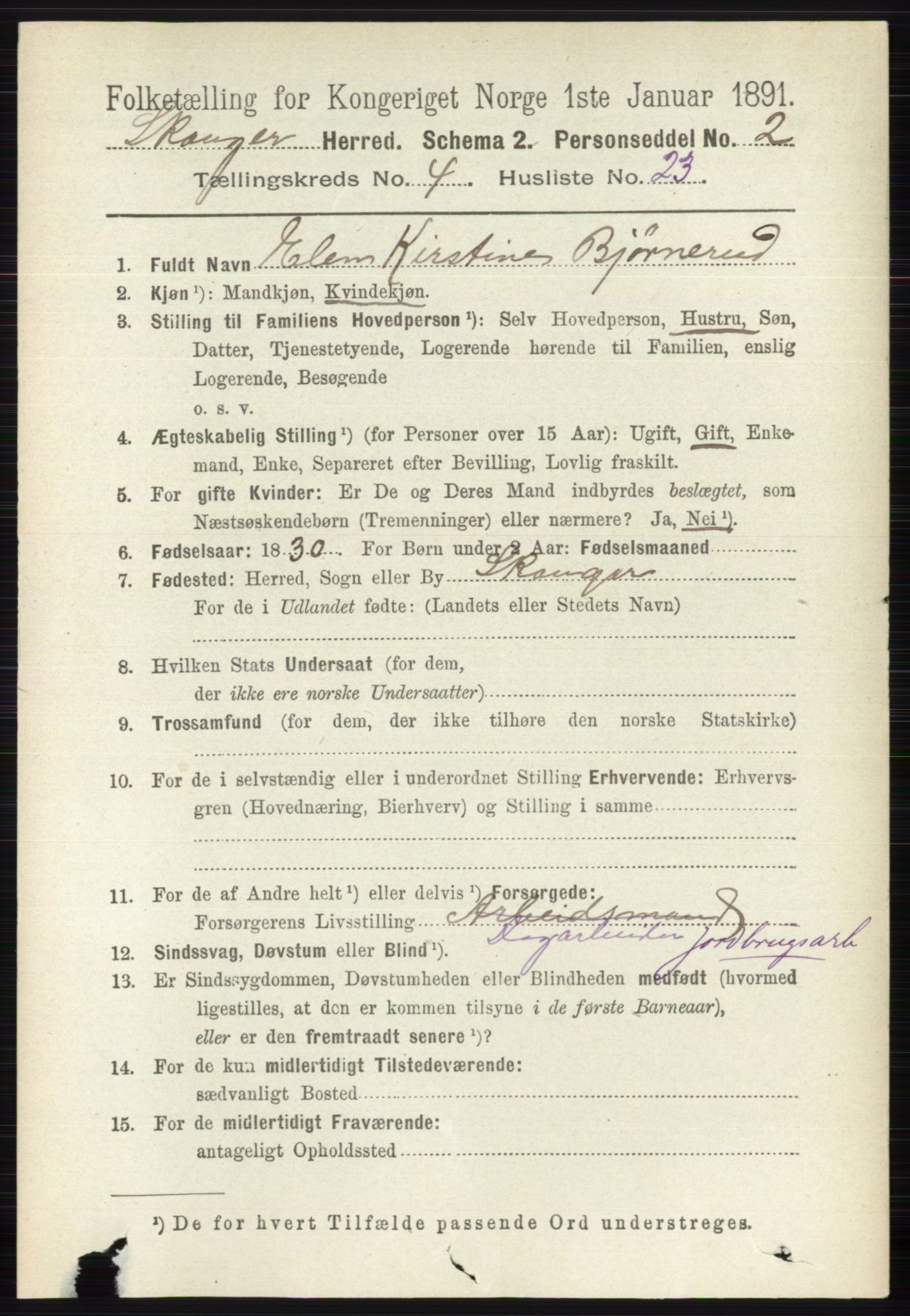 RA, 1891 census for 0712 Skoger, 1891, p. 2424