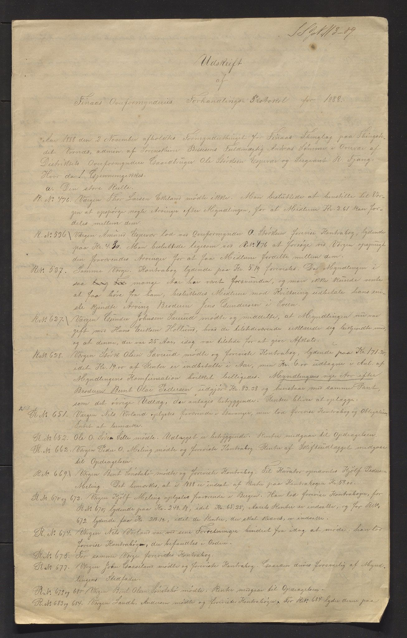 Finnaas kommune. Overformynderiet, IKAH/1218a-812/R/Ra/Raa/L0005/0005: Årlege rekneskap m/vedlegg / Årlege rekneskap m/vedlegg, 1888