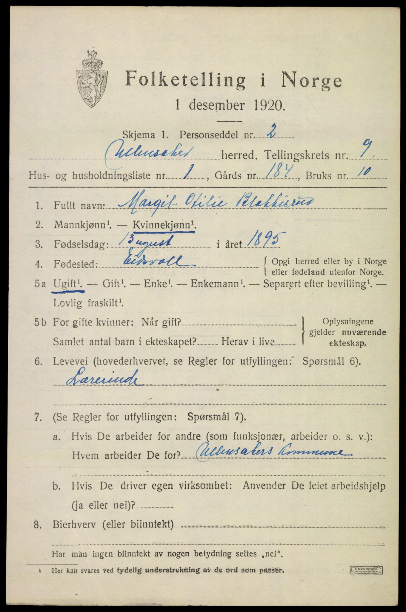 SAO, 1920 census for Ullensaker, 1920, p. 15395