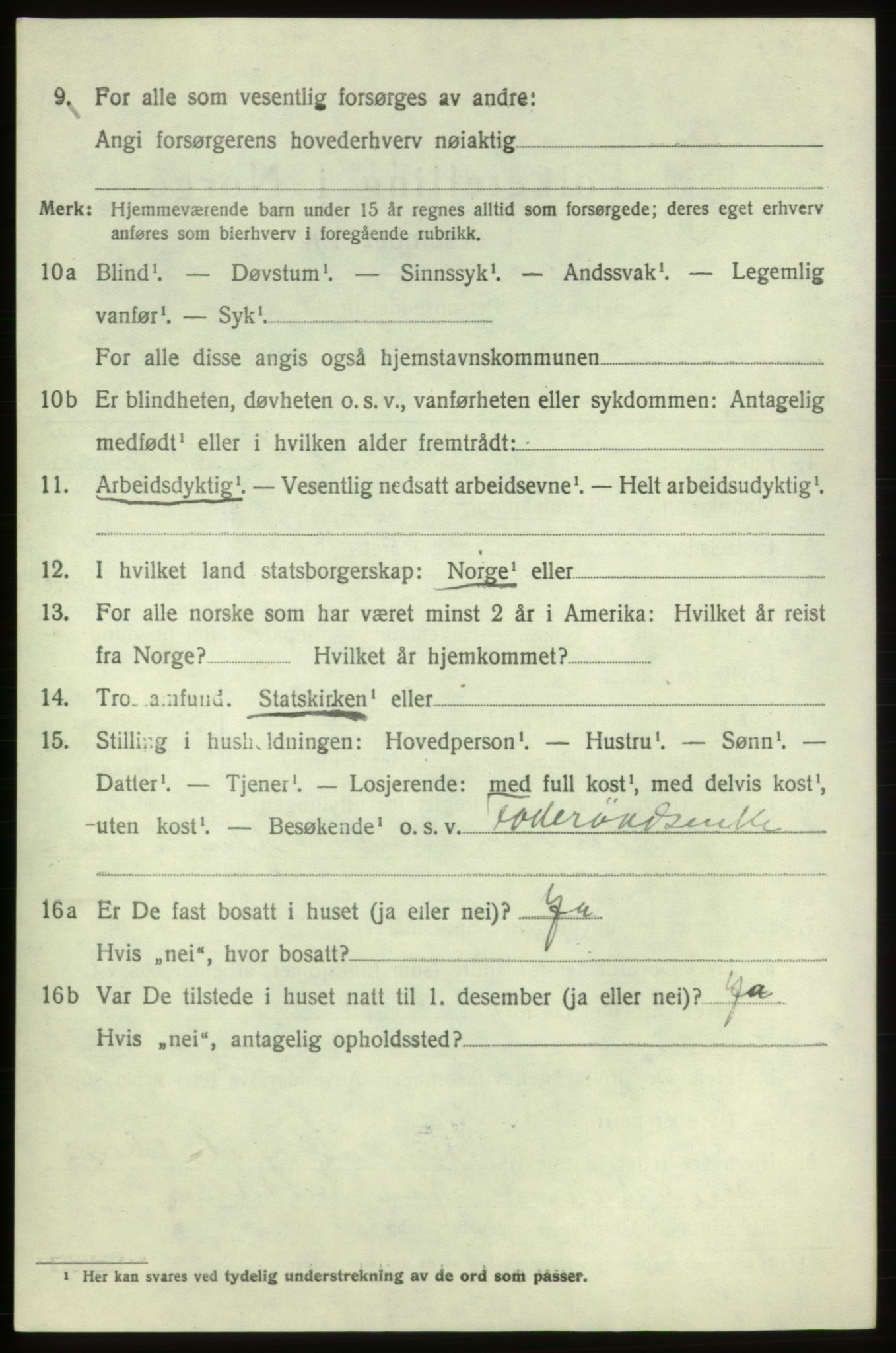 SAB, 1920 census for Tysnes, 1920, p. 3309