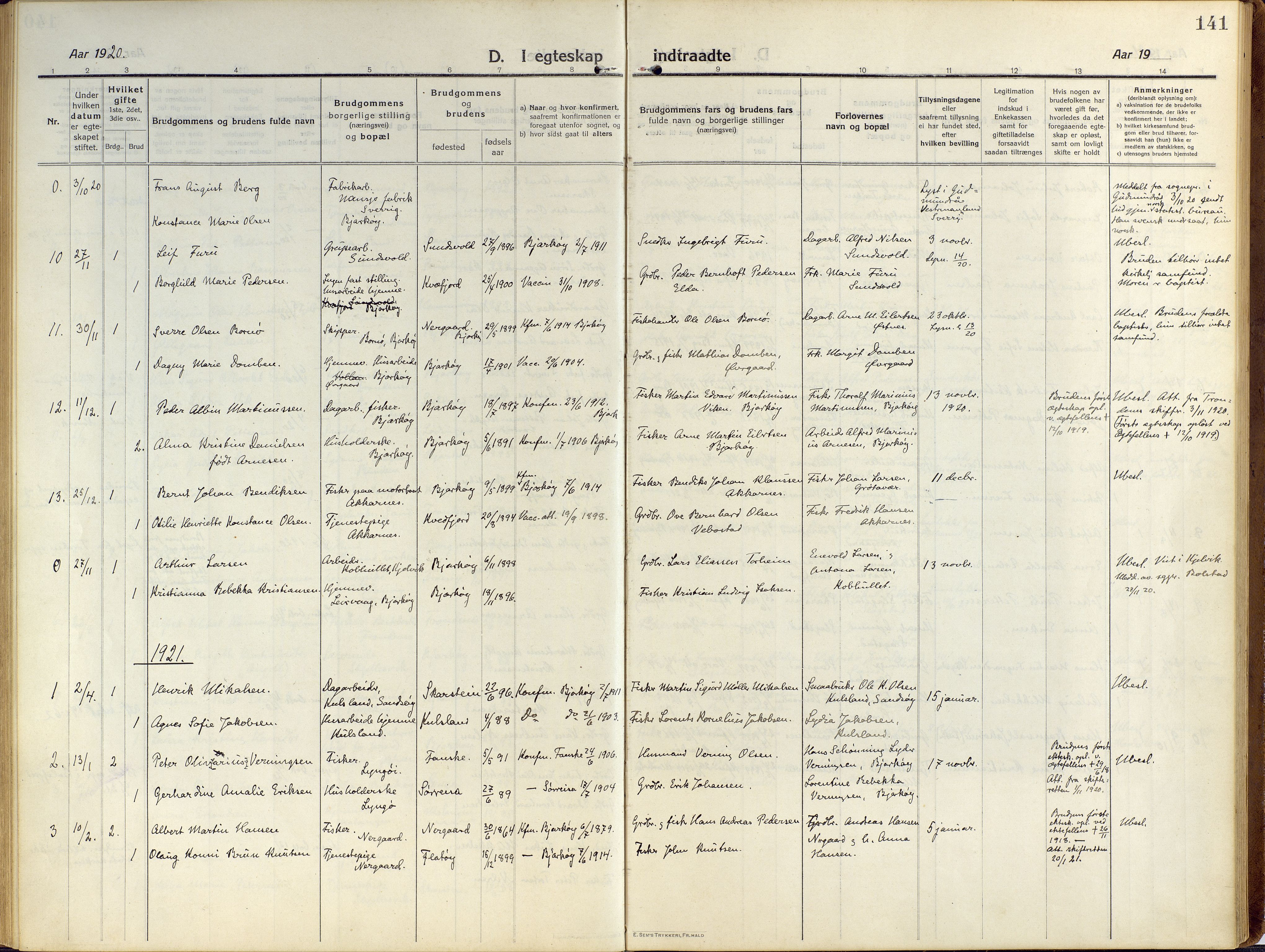 Sand/Bjarkøy sokneprestkontor, AV/SATØ-S-0811/I/Ia/Iaa/L0006kirke: Parish register (official) no. 6, 1915-1929, p. 141