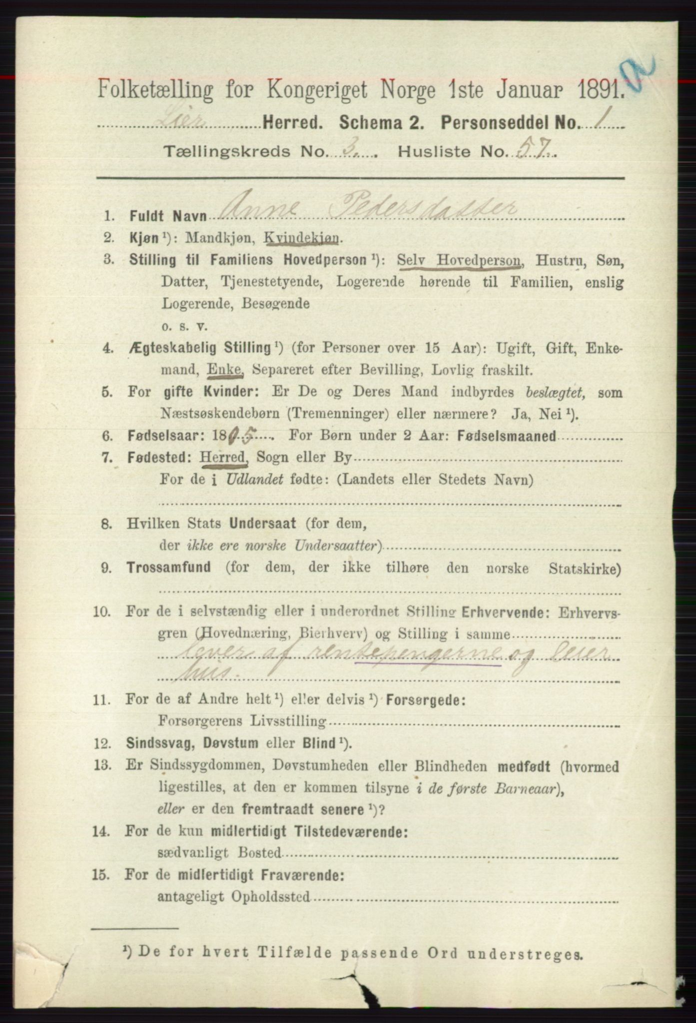 RA, 1891 census for 0626 Lier, 1891, p. 2803