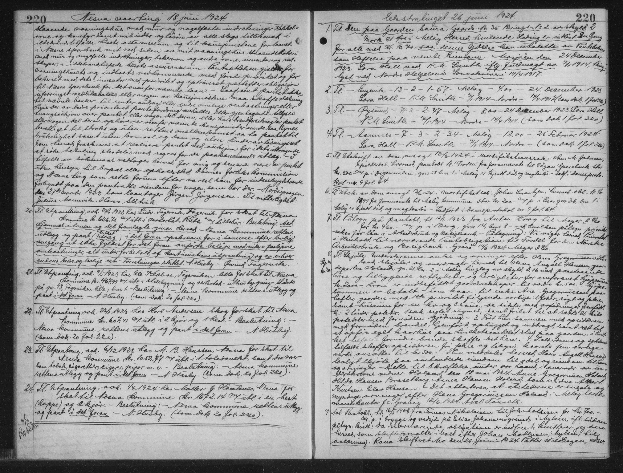 Rana sorenskriveri , AV/SAT-A-1108/1/2/2C/L0018: Mortgage book no. 18, 1923-1928, p. 220, Deed date: 26.06.1924