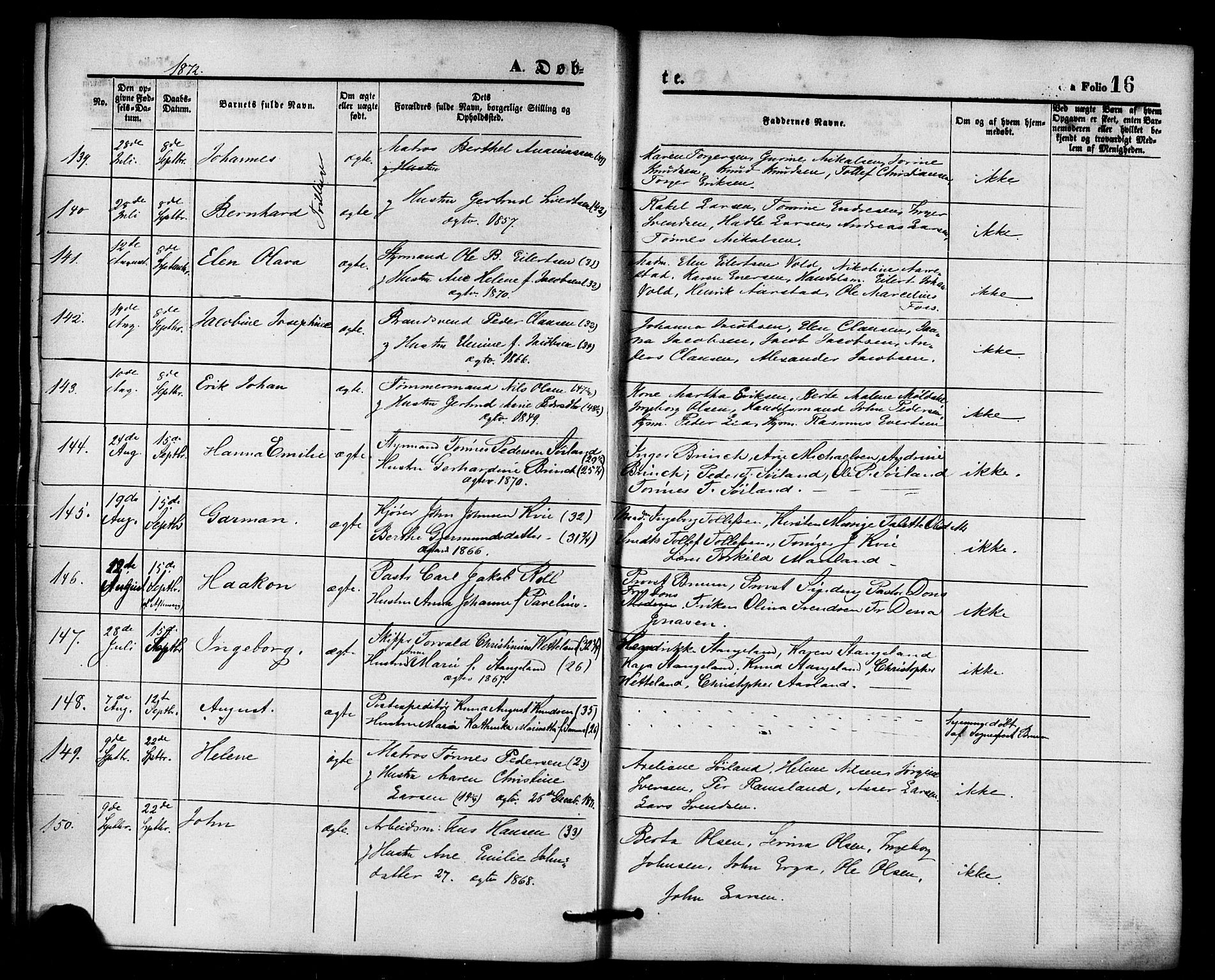 Domkirken sokneprestkontor, AV/SAST-A-101812/001/30/30BB/L0013: Parish register (copy) no. B 13, 1871-1880, p. 16