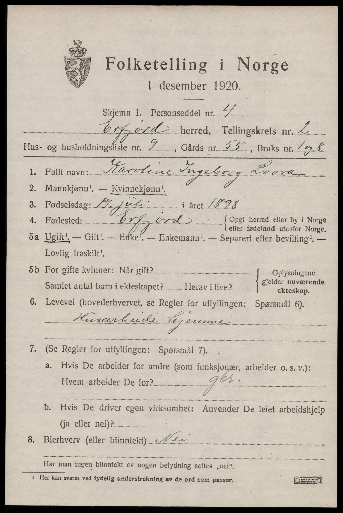 SAST, 1920 census for Erfjord, 1920, p. 717