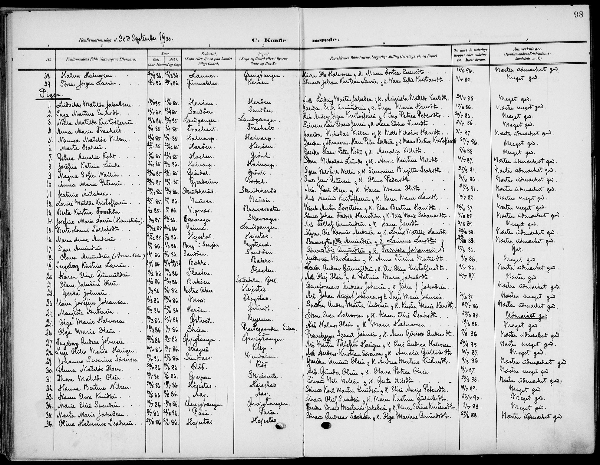Eidanger kirkebøker, AV/SAKO-A-261/F/Fa/L0013: Parish register (official) no. 13, 1900-1913, p. 98