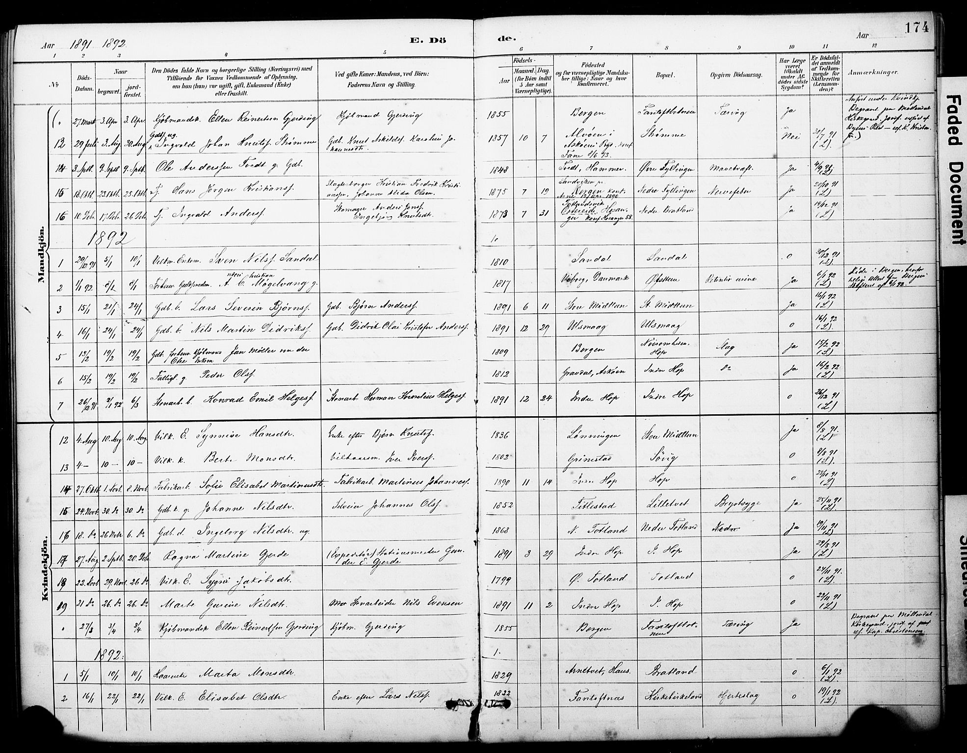 Fana Sokneprestembete, SAB/A-75101/H/Haa/Haai/L0002: Parish register (official) no. I 2, 1888-1899, p. 174