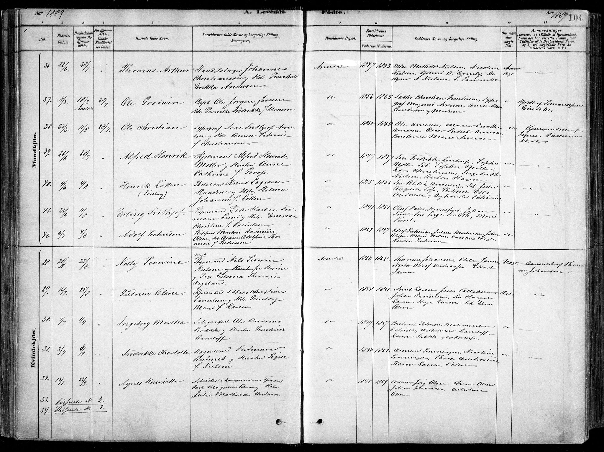 Arendal sokneprestkontor, Trefoldighet, AV/SAK-1111-0040/F/Fa/L0008: Parish register (official) no. A 8, 1878-1899, p. 104