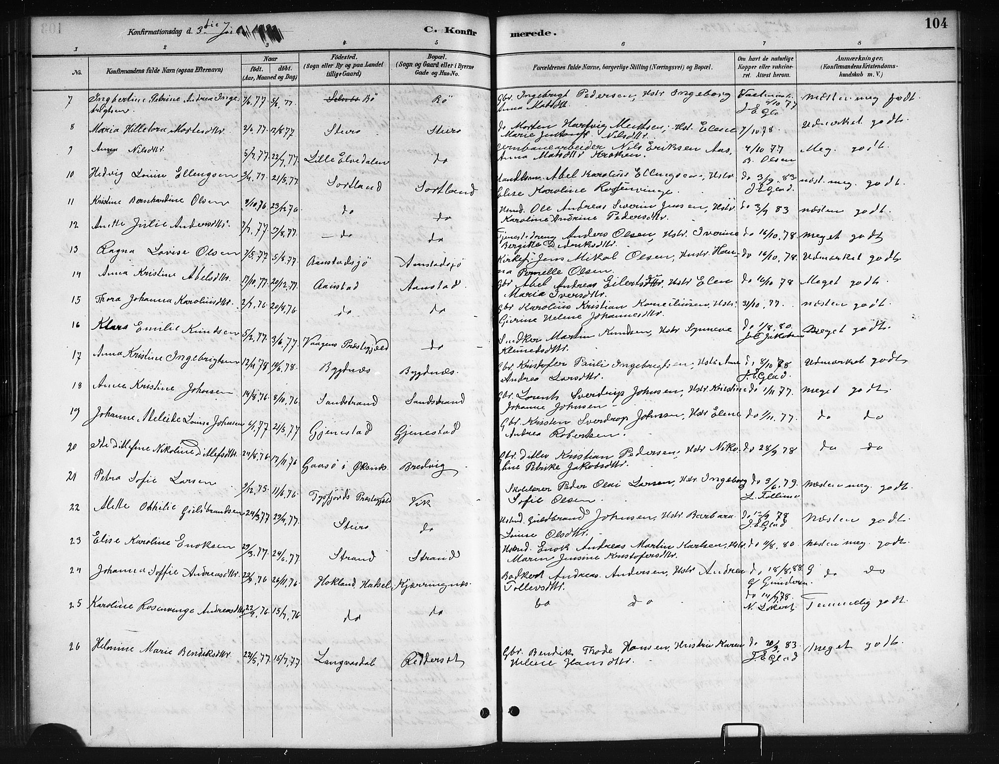 Ministerialprotokoller, klokkerbøker og fødselsregistre - Nordland, AV/SAT-A-1459/895/L1382: Parish register (copy) no. 895C04, 1885-1896, p. 104