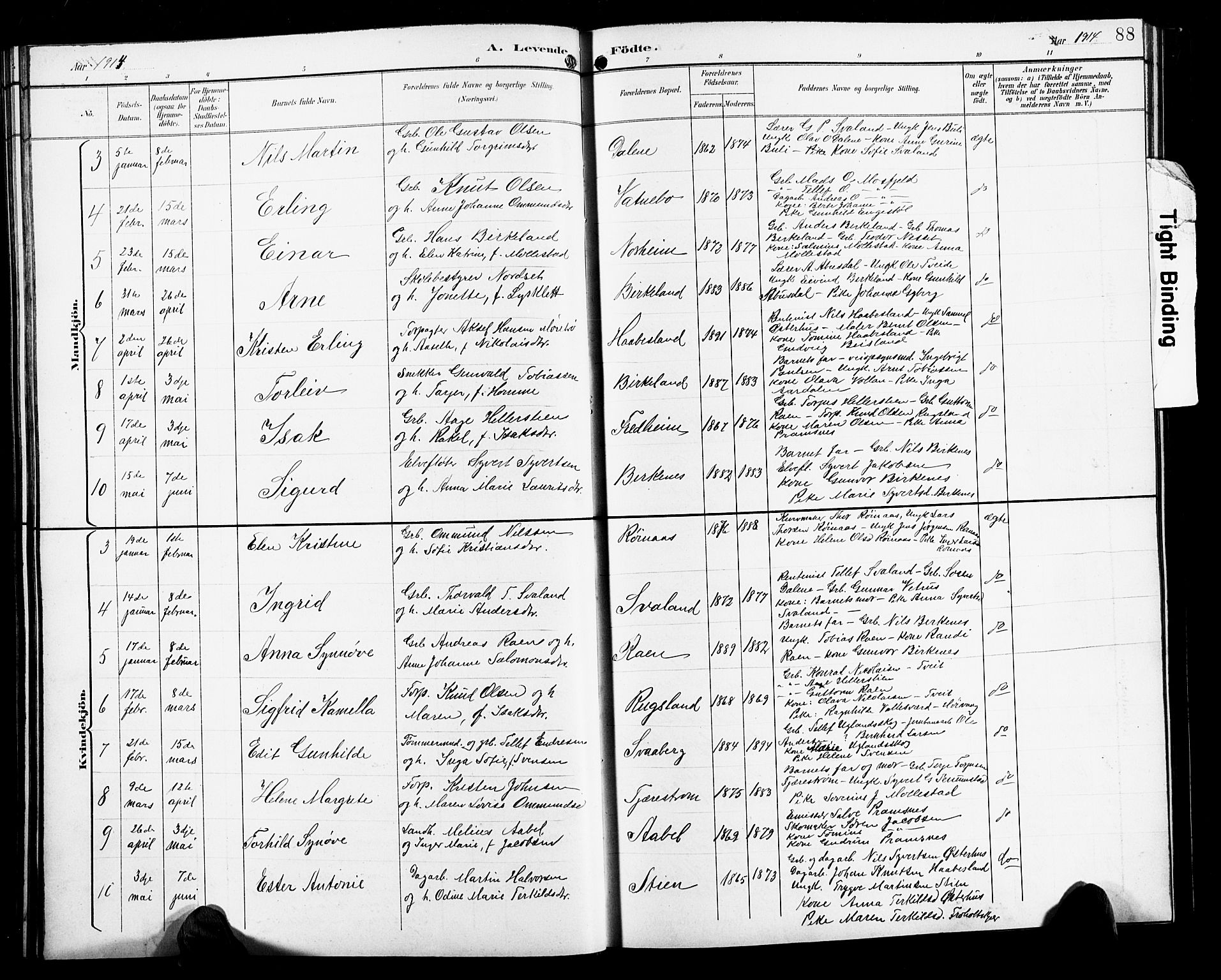 Birkenes sokneprestkontor, SAK/1111-0004/F/Fb/L0004: Parish register (copy) no. B 4, 1893-1930, p. 88