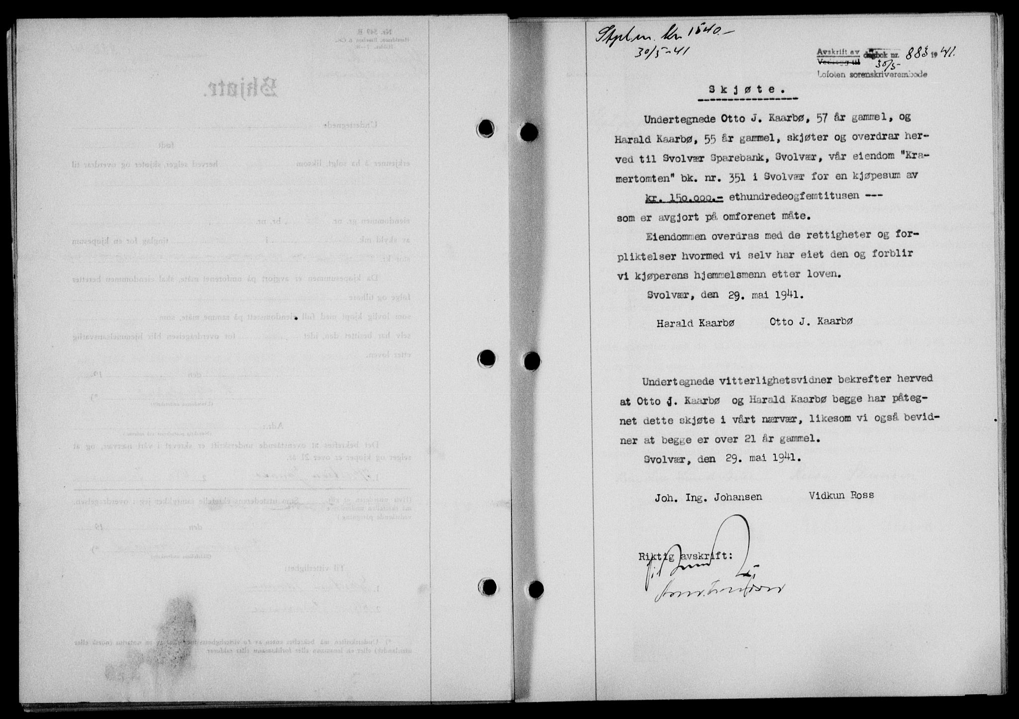 Lofoten sorenskriveri, SAT/A-0017/1/2/2C/L0008a: Mortgage book no. 8a, 1940-1941, Diary no: : 883/1941