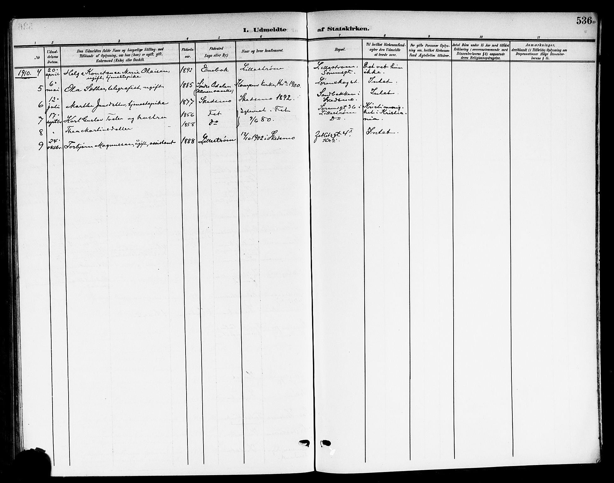 Skedsmo prestekontor Kirkebøker, AV/SAO-A-10033a/G/Ga/L0005b: Parish register (copy) no. I 5B, 1902-1911, p. 536
