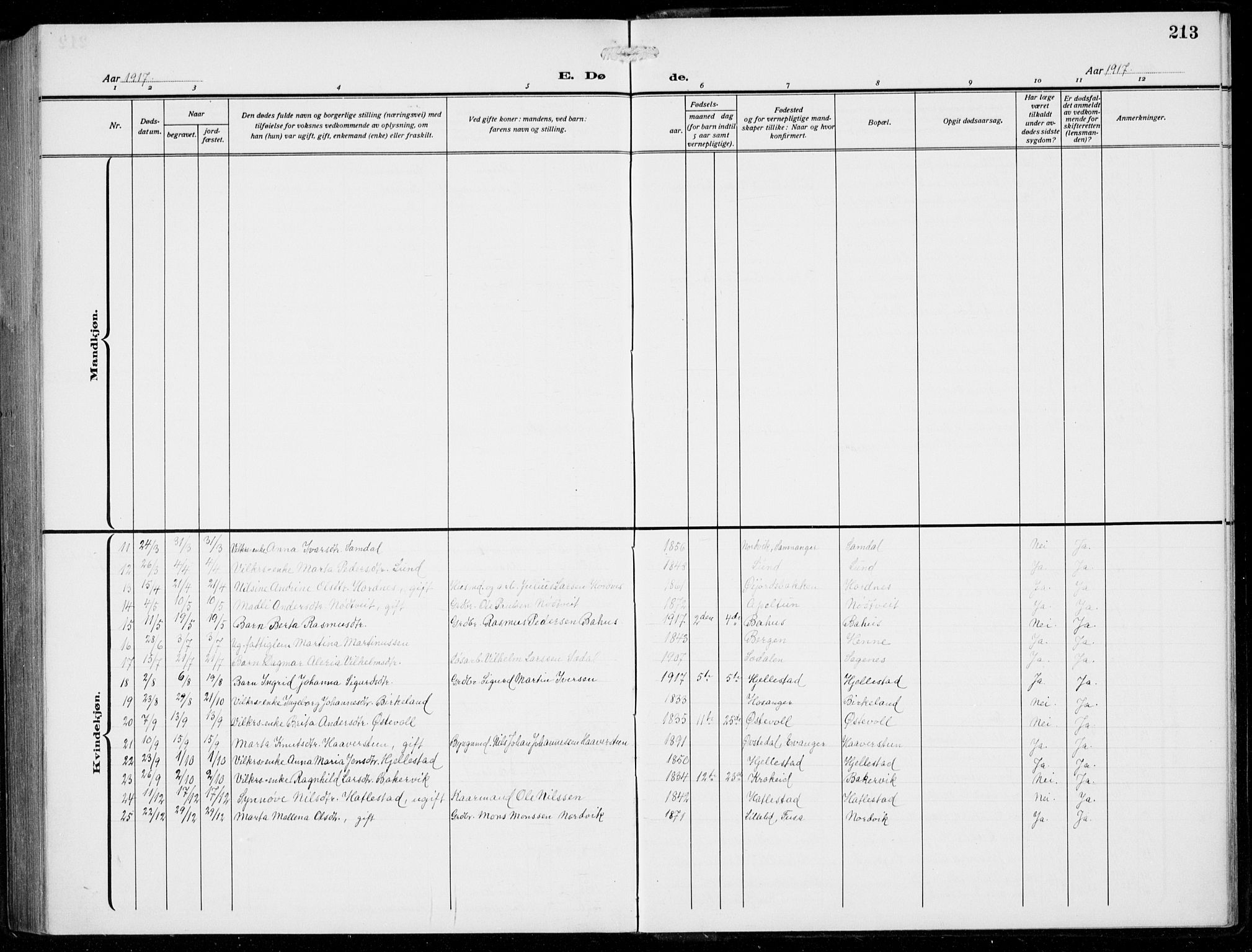 Fana Sokneprestembete, SAB/A-75101/H/Hab/Haba/L0005: Parish register (copy) no. A 5, 1911-1932, p. 213