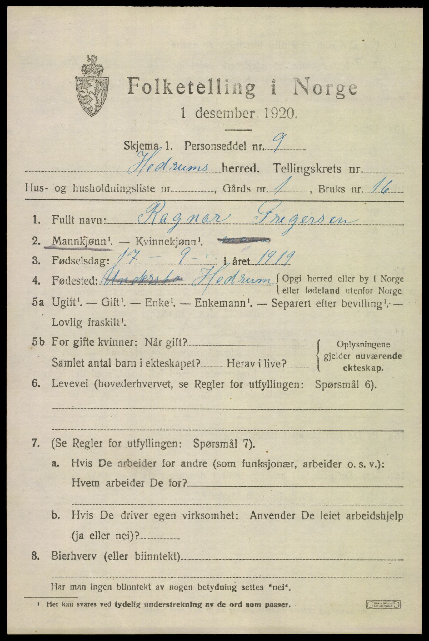 SAKO, 1920 census for Hedrum, 1920, p. 2311