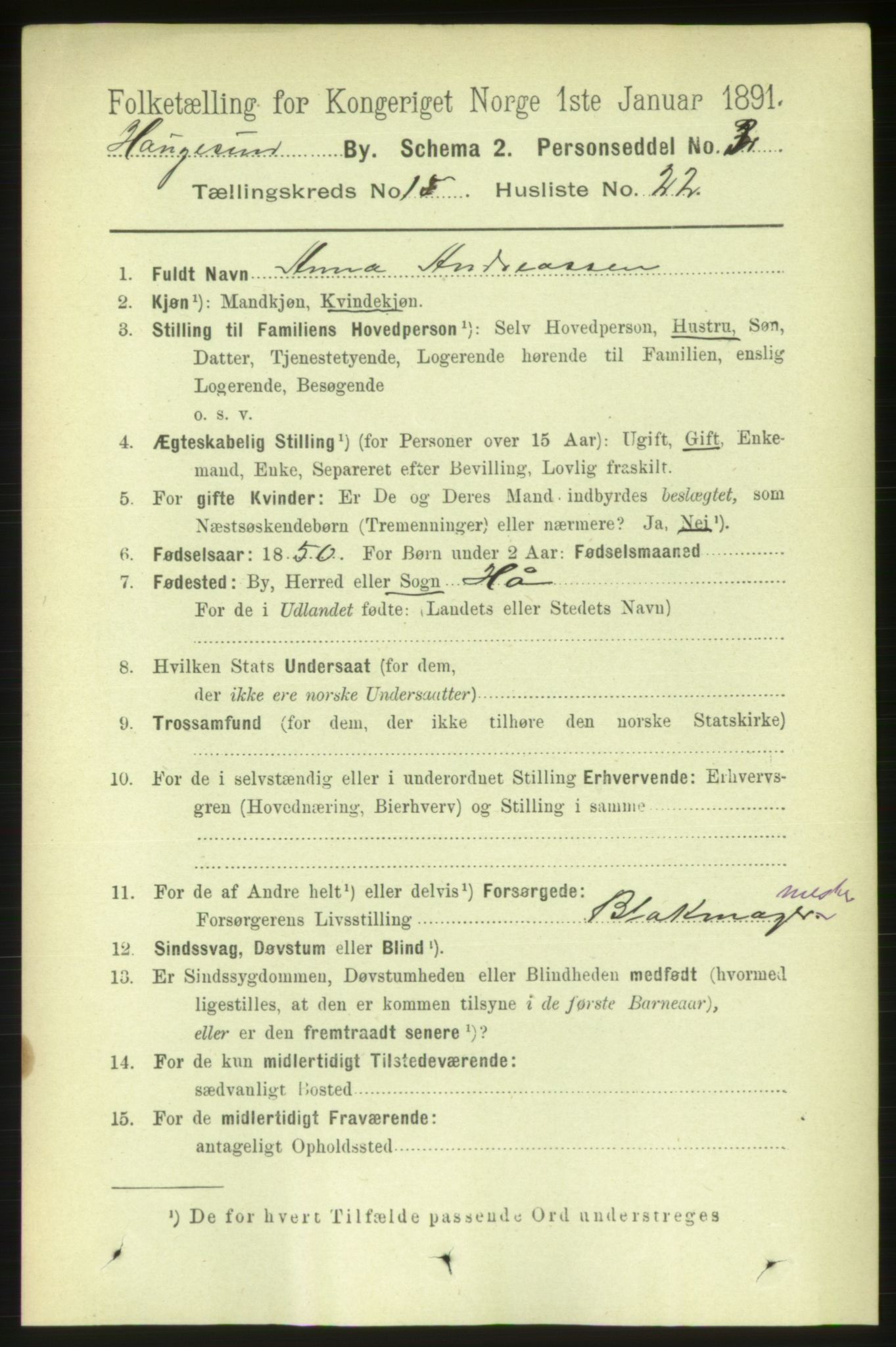 RA, 1891 census for 1106 Haugesund, 1891, p. 5140