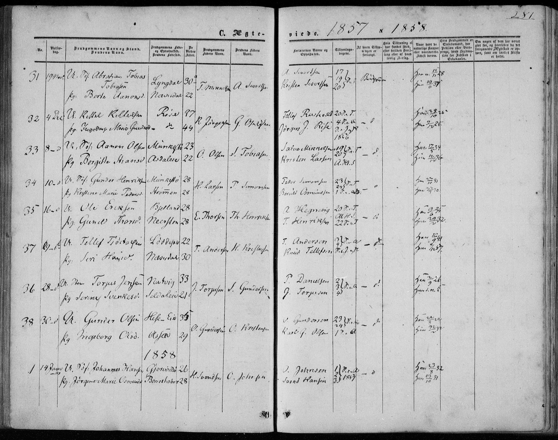 Øyestad sokneprestkontor, AV/SAK-1111-0049/F/Fa/L0015: Parish register (official) no. A 15, 1857-1873, p. 281