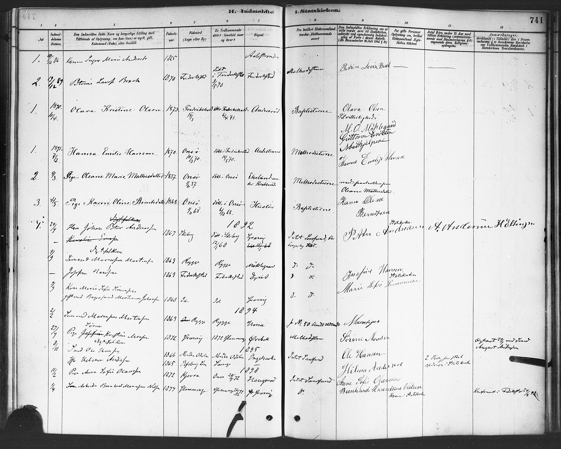 Onsøy prestekontor Kirkebøker, SAO/A-10914/F/Fa/L0006: Parish register (official) no. I 6, 1878-1898, p. 741