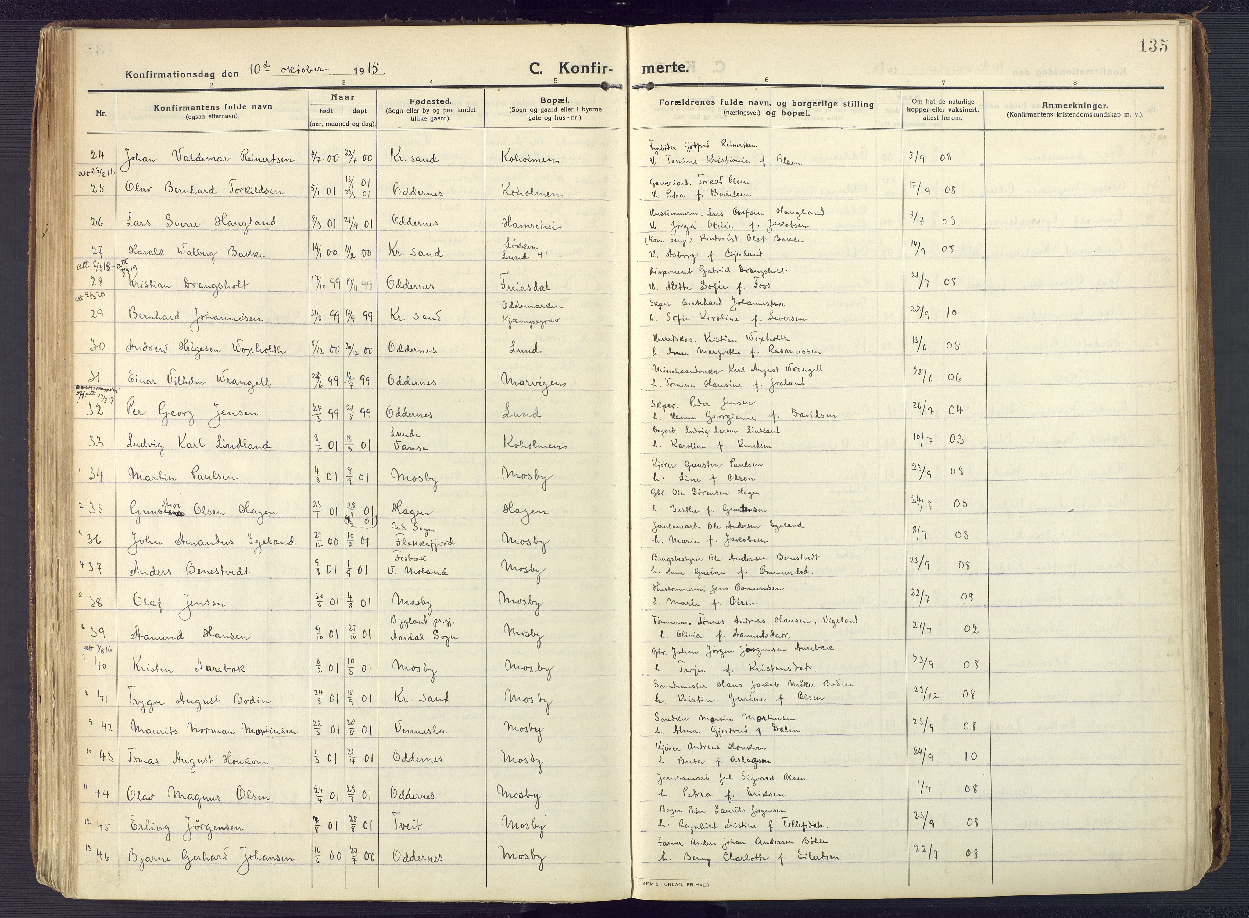 Oddernes sokneprestkontor, AV/SAK-1111-0033/F/Fa/Faa/L0012: Parish register (official) no. A 12, 1912-1925, p. 135