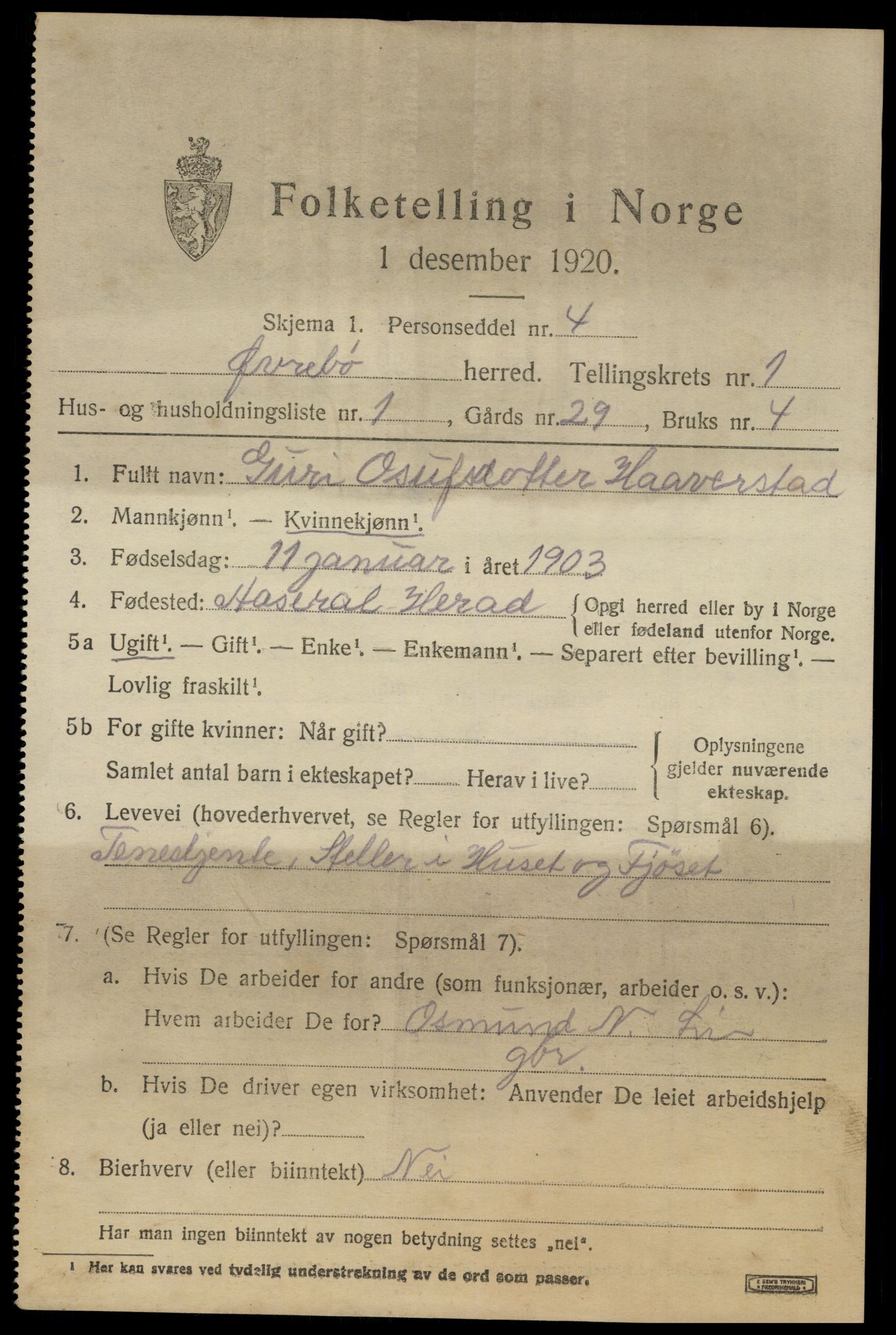 SAK, 1920 census for Øvrebø, 1920, p. 390