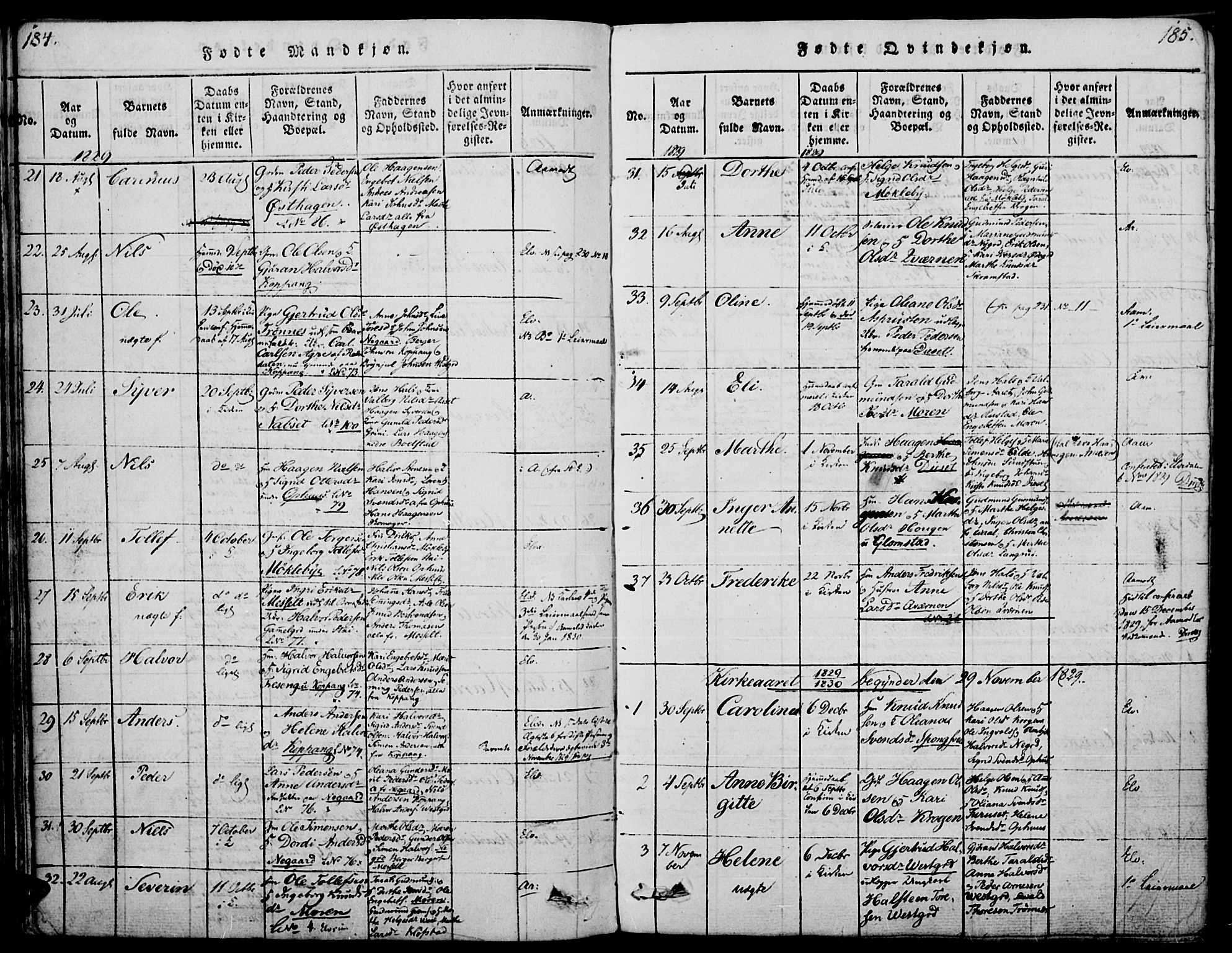 Åmot prestekontor, Hedmark, SAH/PREST-056/H/Ha/Haa/L0005: Parish register (official) no. 5, 1815-1841, p. 184-185