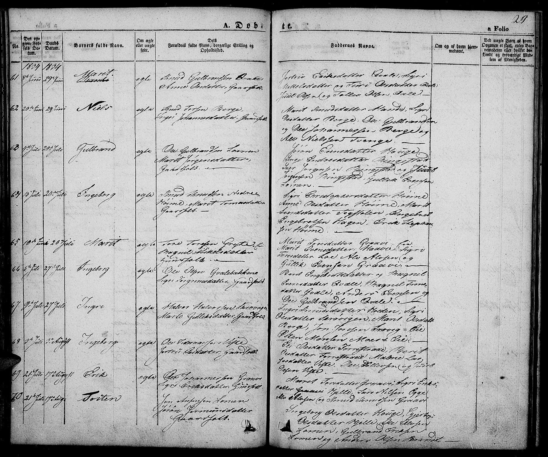 Slidre prestekontor, SAH/PREST-134/H/Ha/Haa/L0003: Parish register (official) no. 3, 1831-1843, p. 29