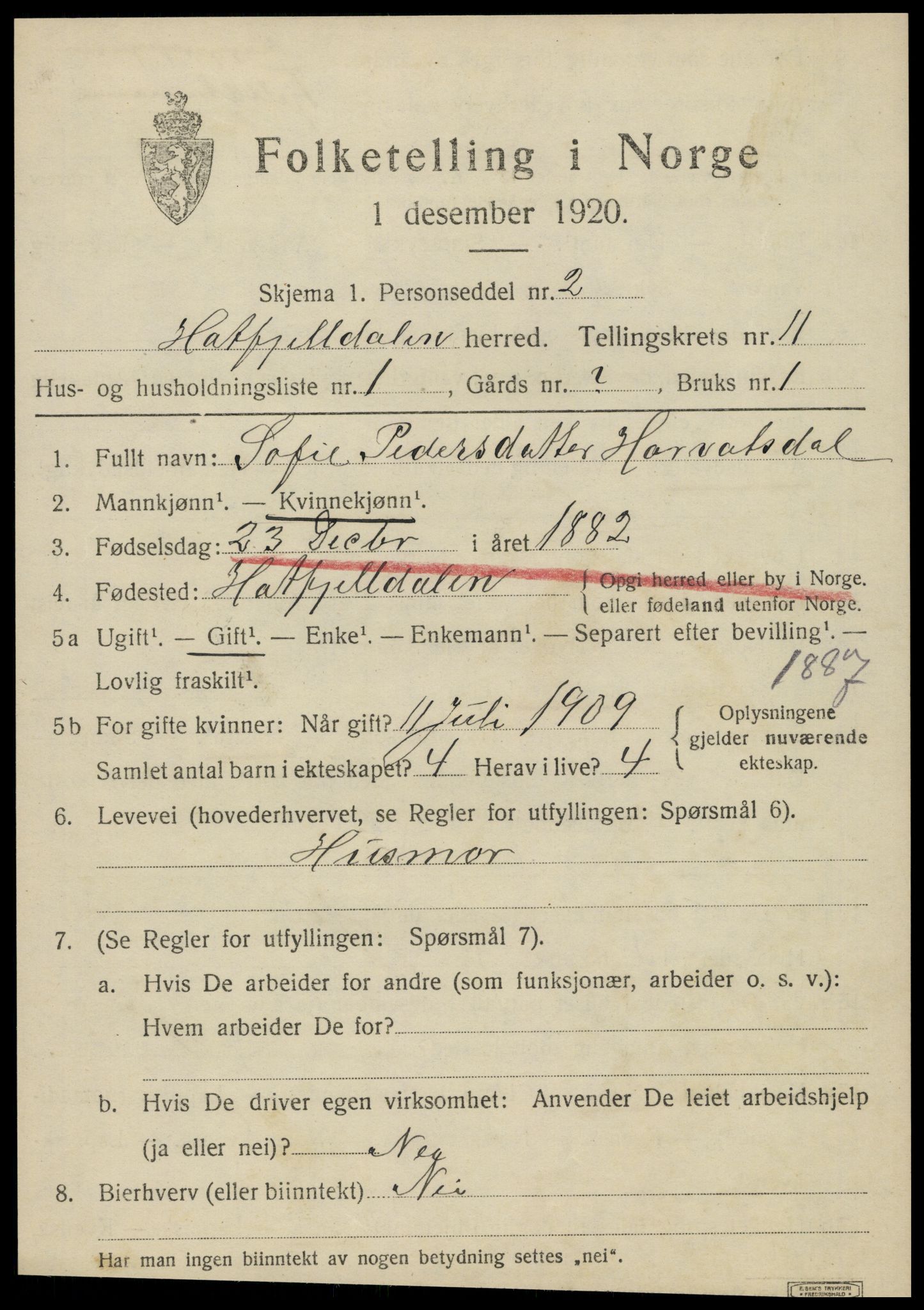 SAT, 1920 census for Hattfjelldal, 1920, p. 2510