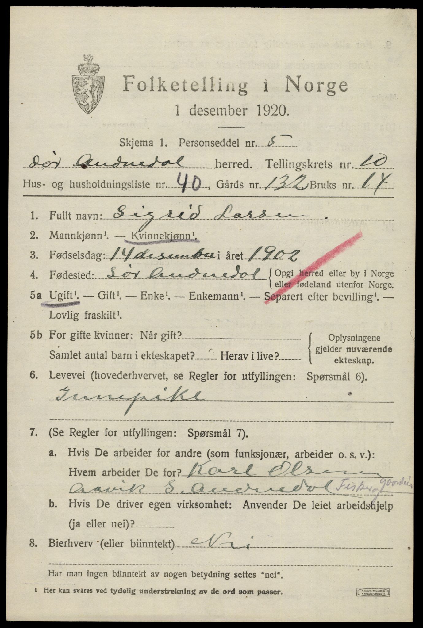 SAK, 1920 census for Sør-Audnedal, 1920, p. 4181