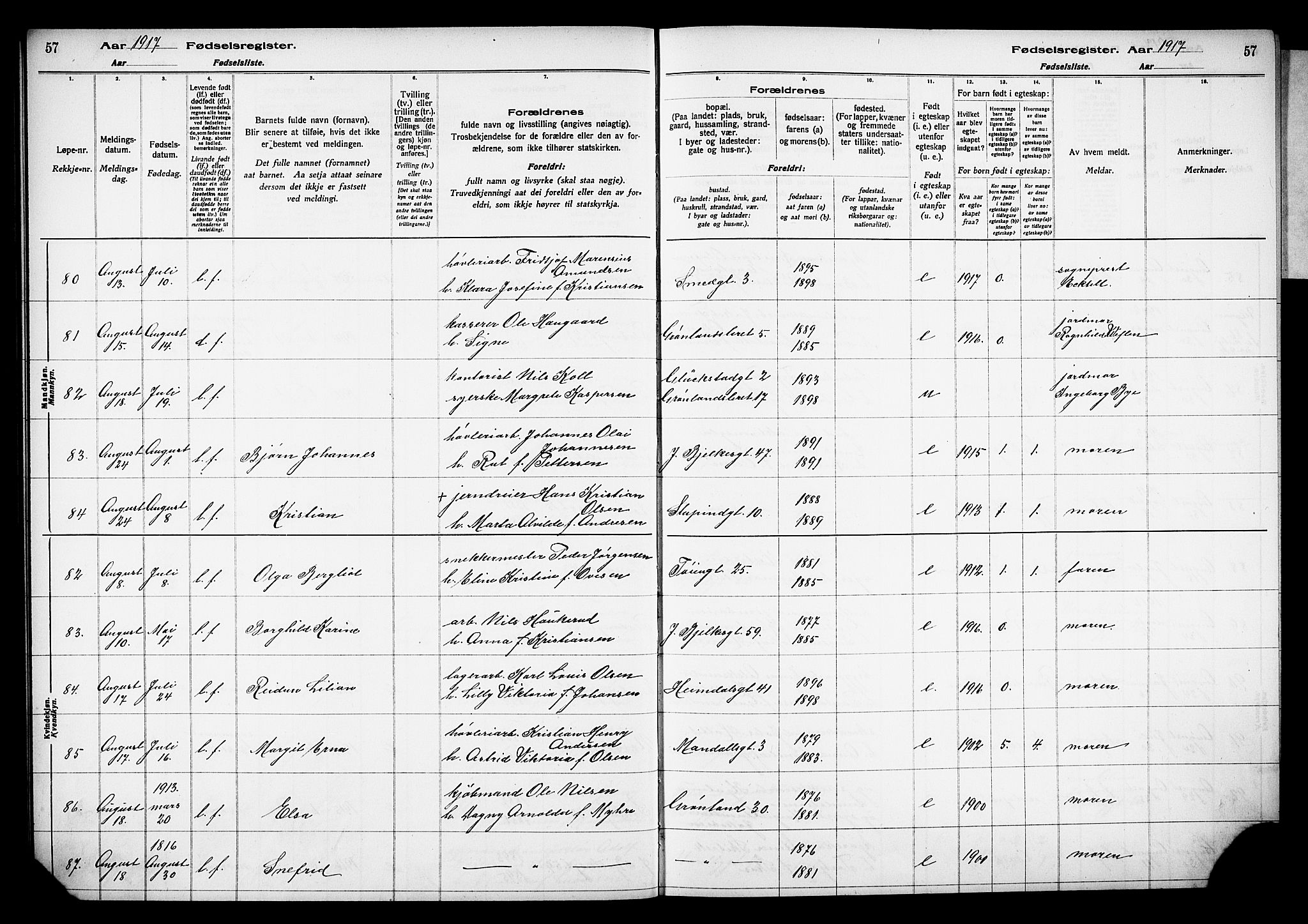 Grønland prestekontor Kirkebøker, AV/SAO-A-10848/J/Ja/L0001: Birth register no. 1, 1916-1922, p. 57