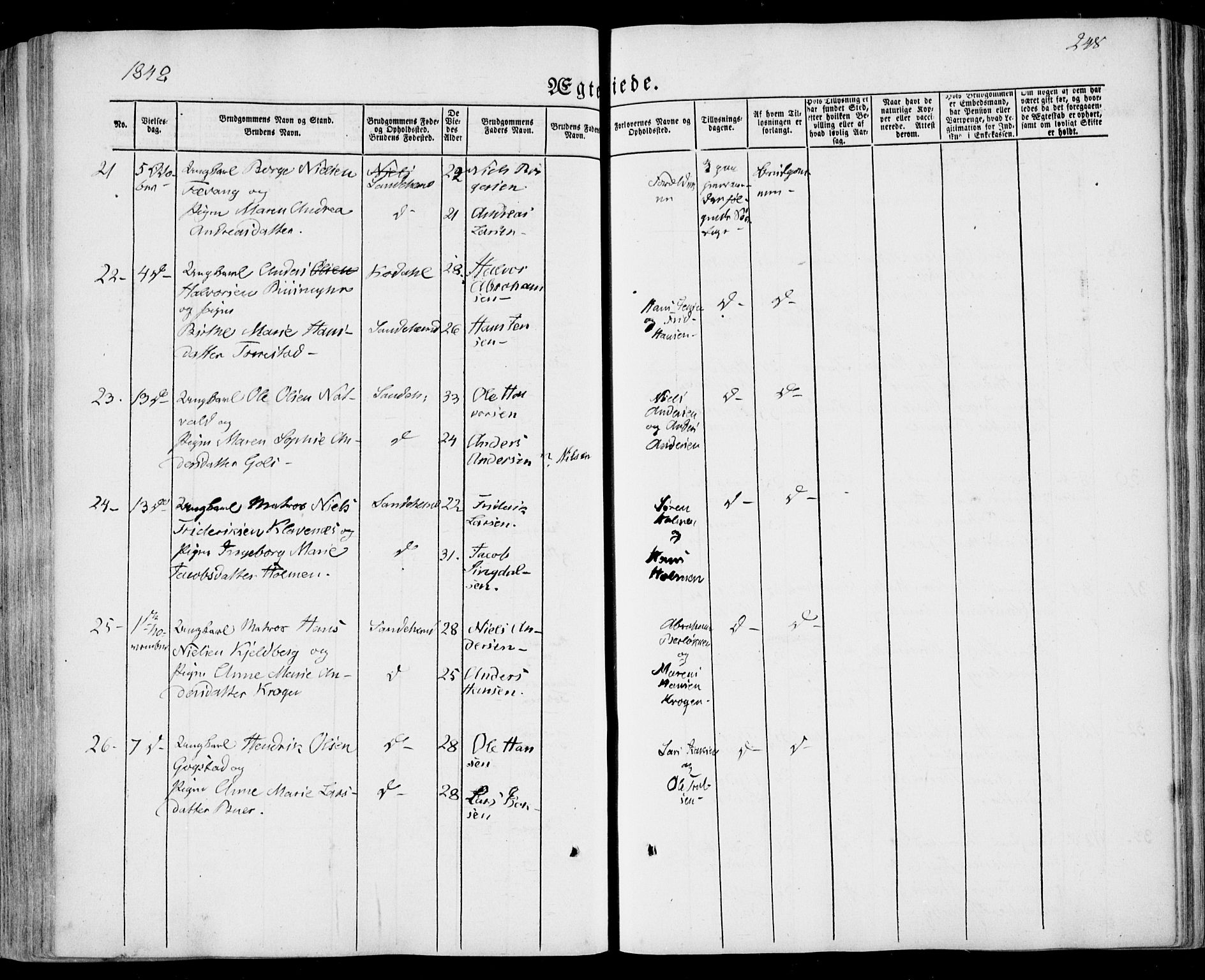 Sandar kirkebøker, SAKO/A-243/F/Fa/L0006: Parish register (official) no. 6, 1847-1860, p. 248