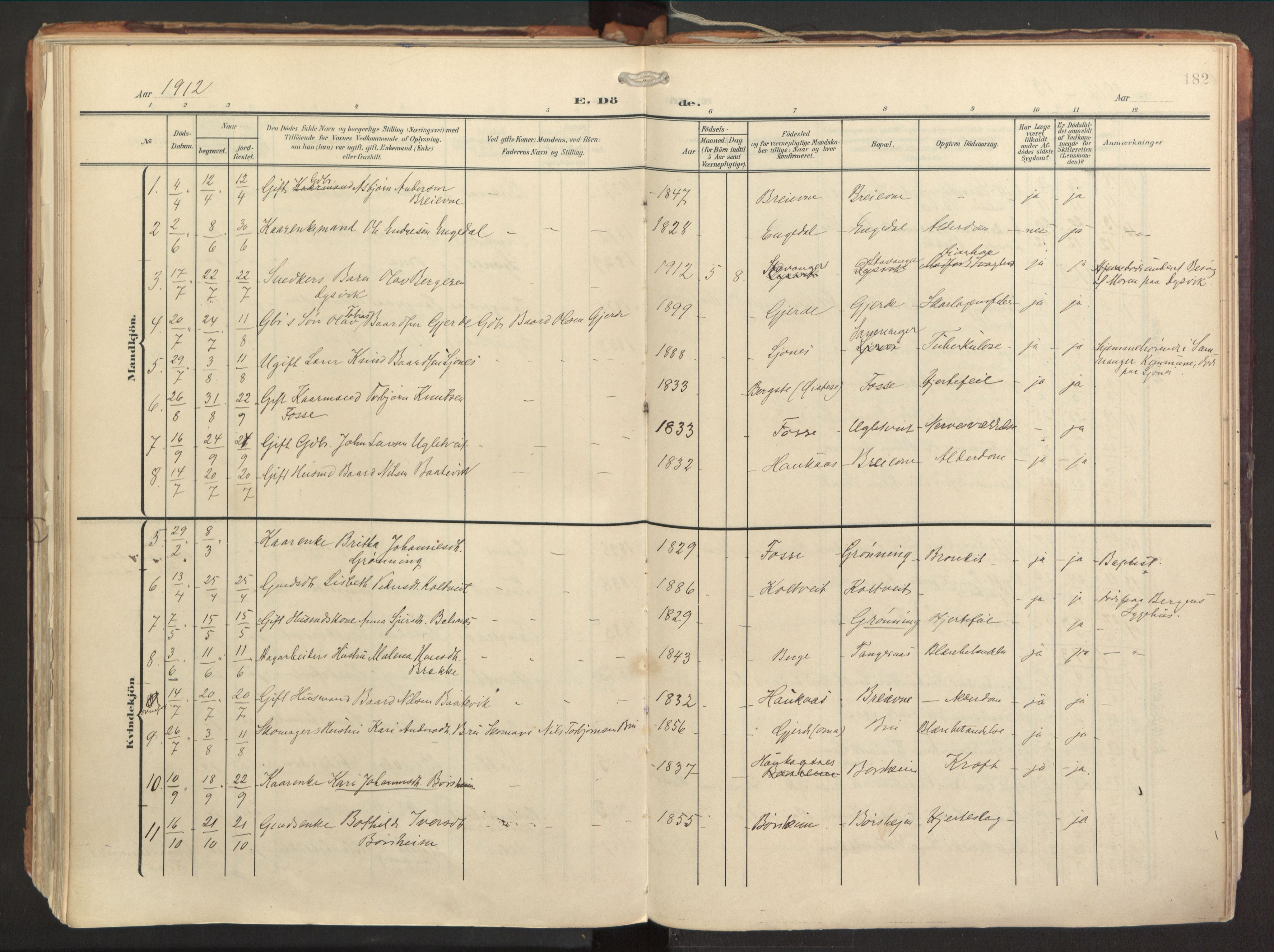 Strandebarm sokneprestembete, SAB/A-78401/H/Haa: Parish register (official) no. B 2, 1909-1941, p. 182