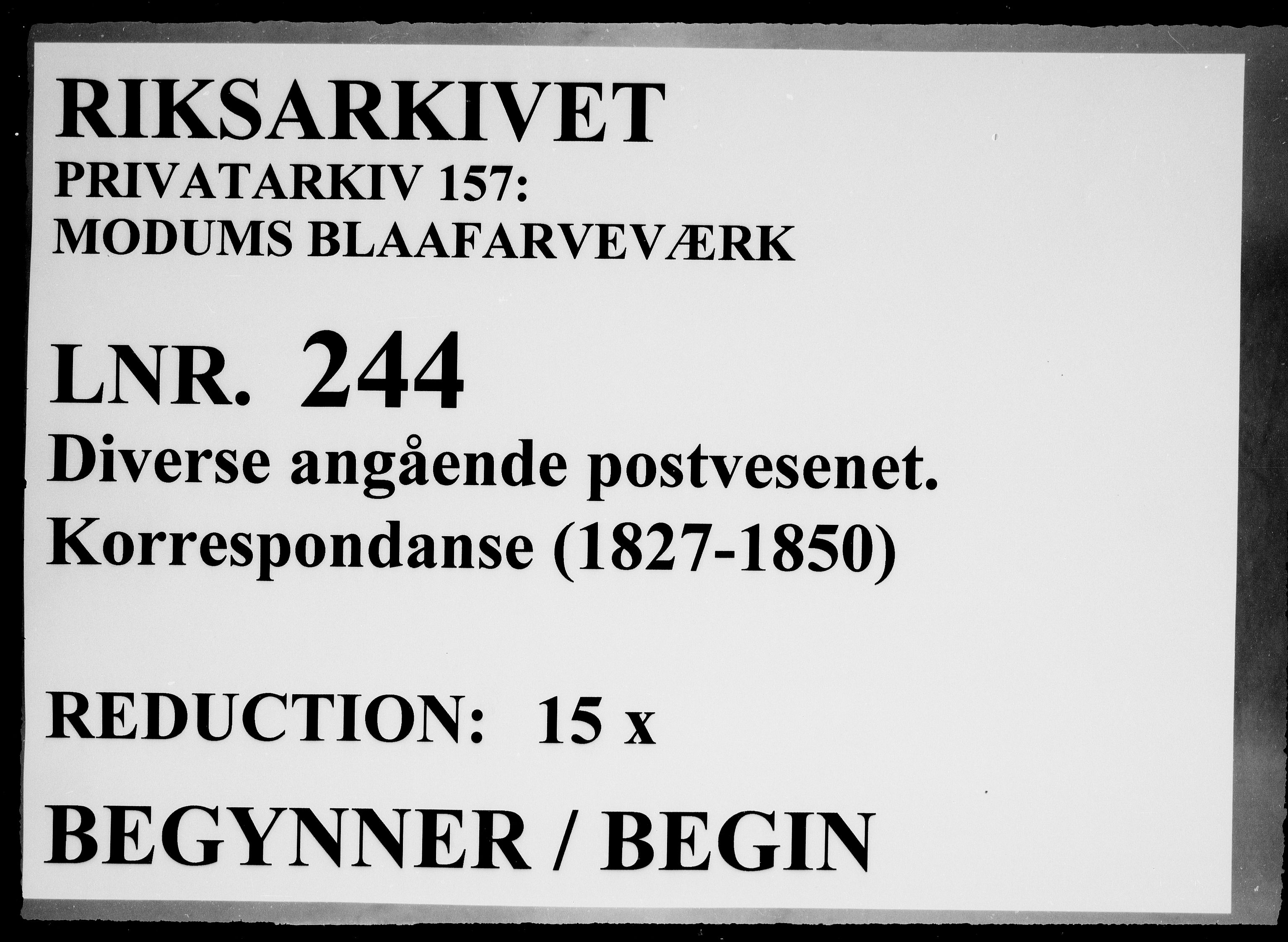 Modums Blaafarveværk, RA/PA-0157/G/Gd/Gdc/L0244/0002: -- / Kontrabok mellom MBV og Drammens Poståpneri, 1827-1840, p. 1