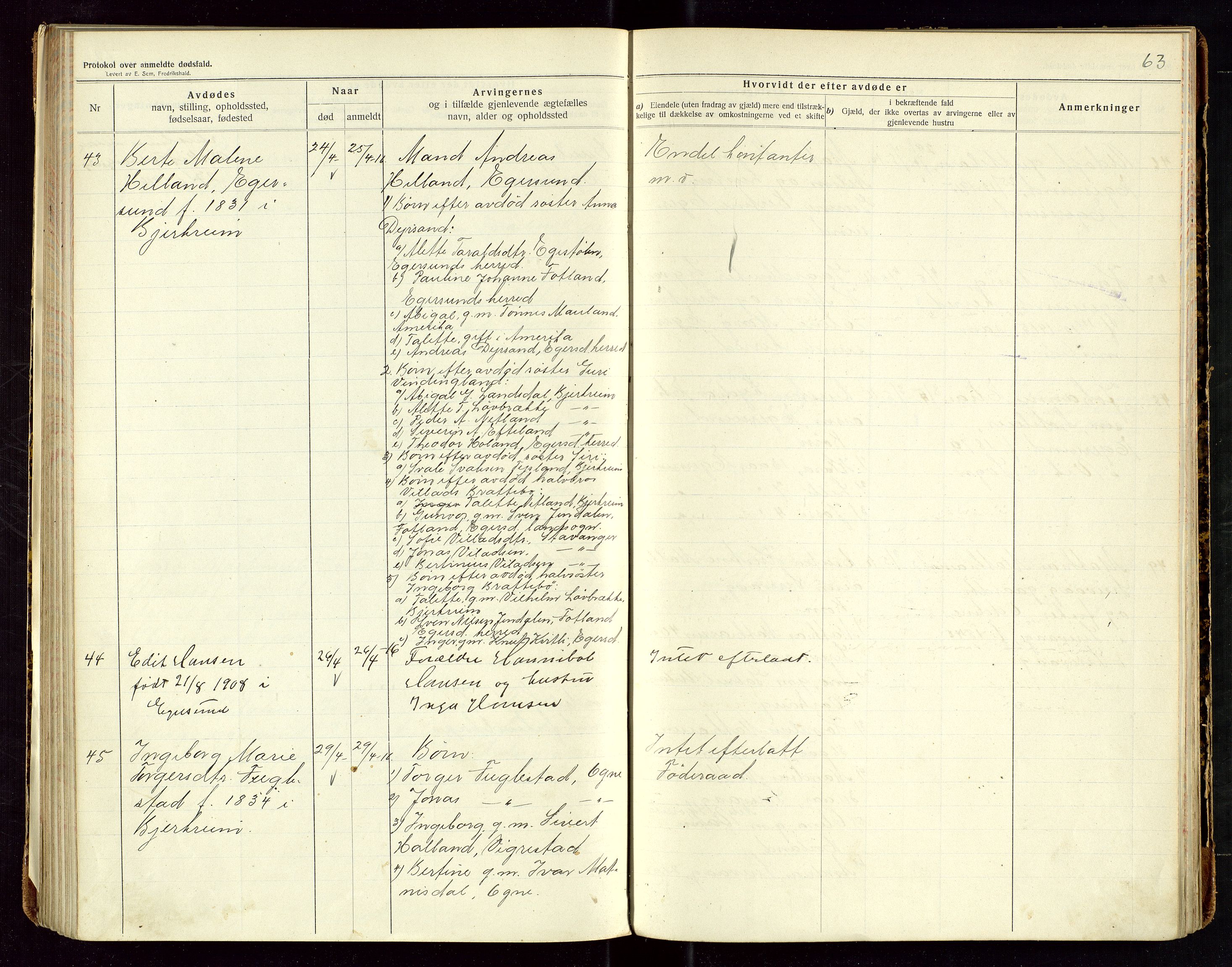 Eigersund lensmannskontor, SAST/A-100171/Gga/L0006: "Protokol over anmeldte dødsfald" m/alfabetisk navneregister, 1914-1917, p. 63